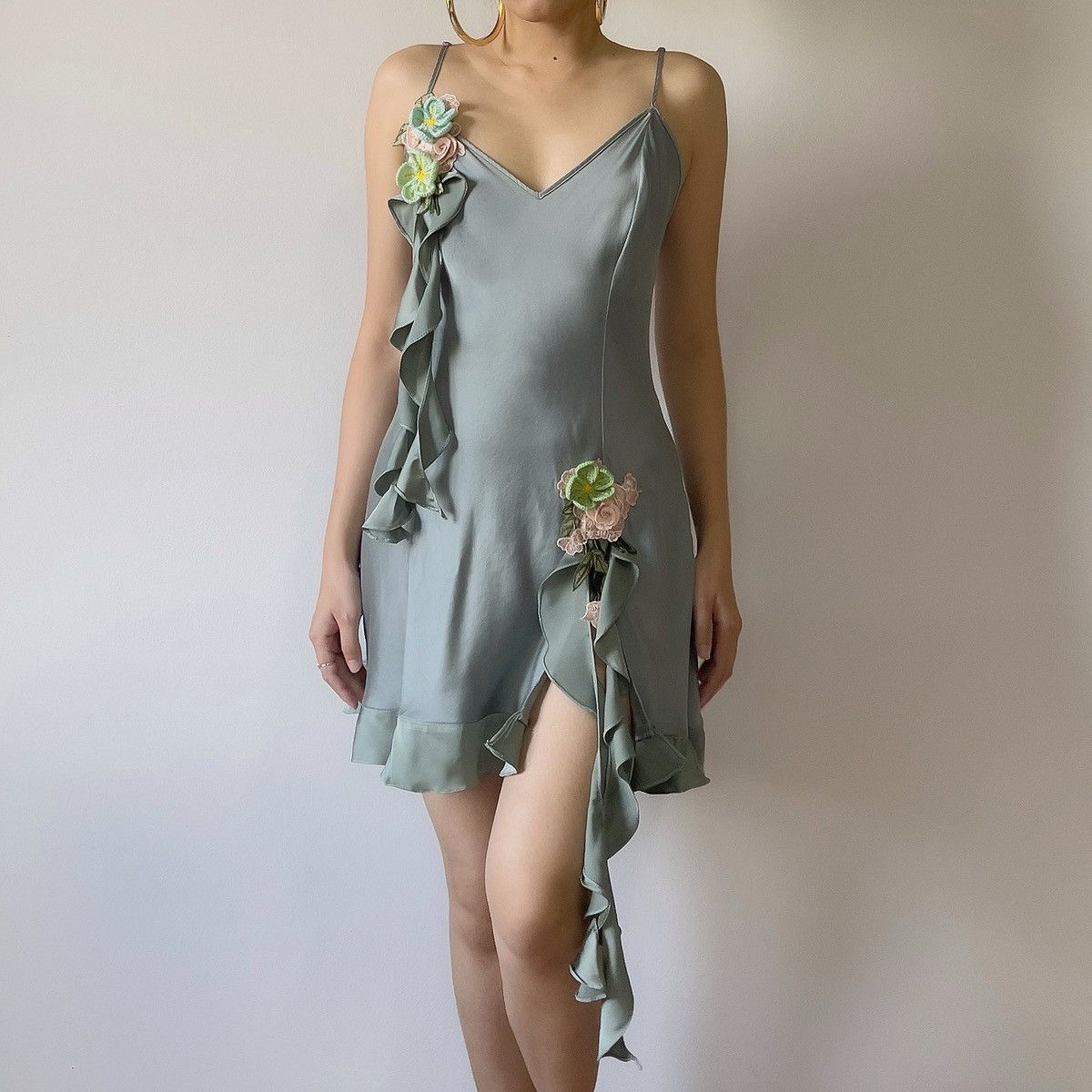Victoria's Secret × Vintage Special! Romantic VS Dusty Green Silk Mini Dress (Medium) Size M / US 6-8 / IT 42-44 - 4 Thumbnail