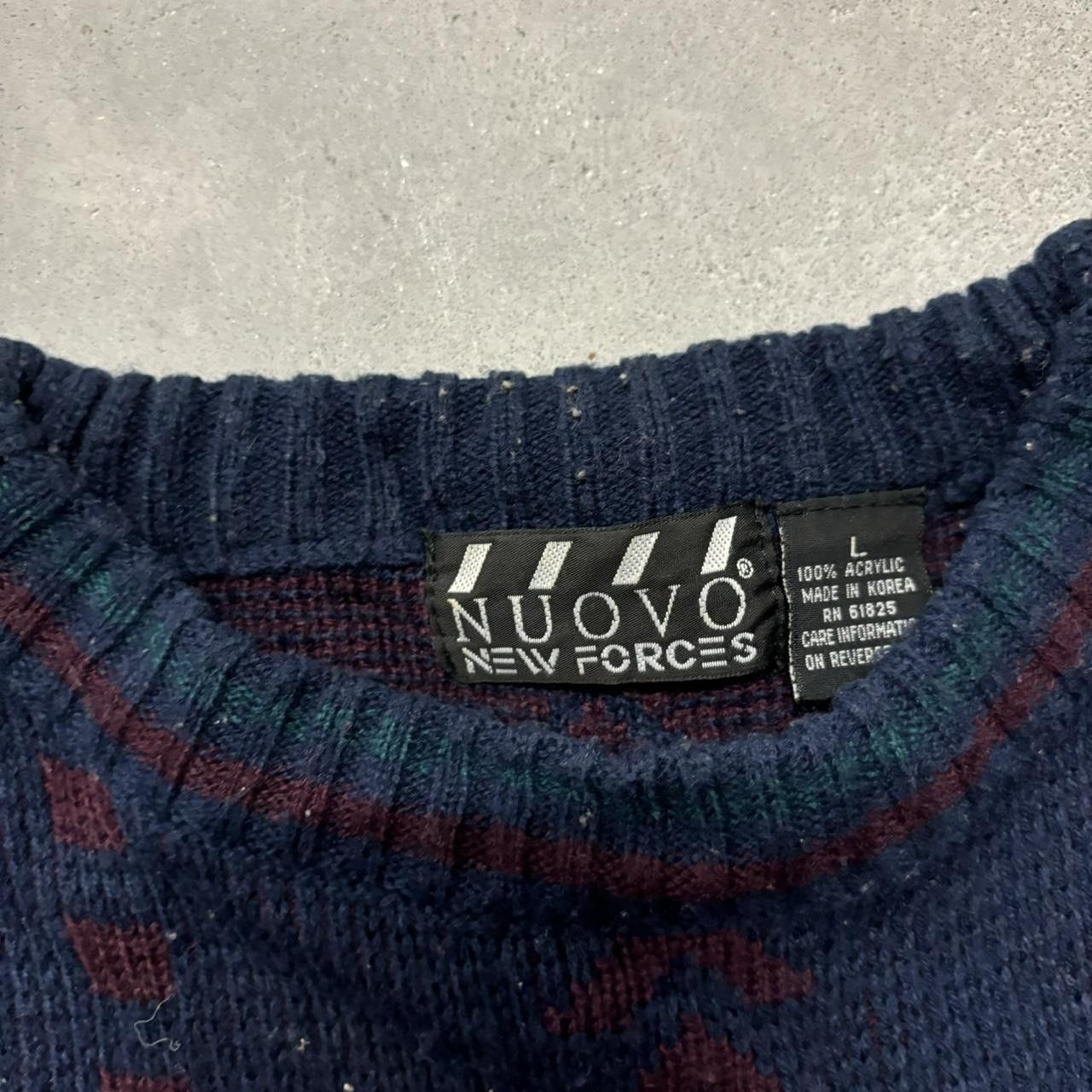 Japanese Brand × Vintage Crazy Vintage 90s Navy Blue Pattern 100% Acrylic Knit Sweater! Size US L / EU 52-54 / 3 - 4 Thumbnail