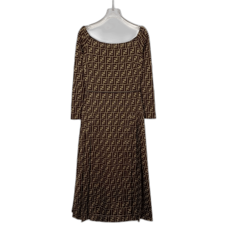 Fendi Brown Logo Print Long Sleeve Dress