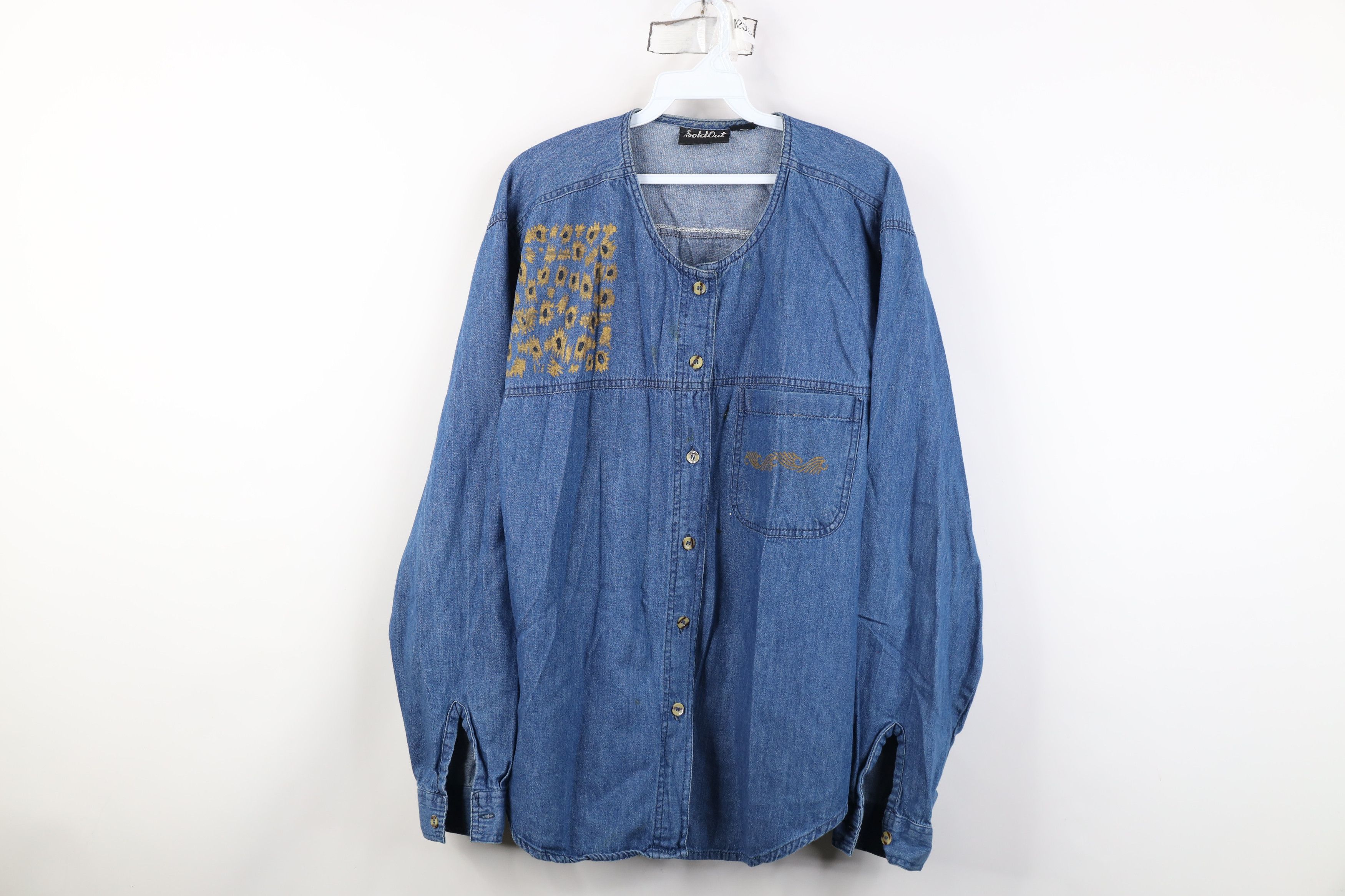 Vintage Vintage 90s Streetwear Abstract Sunflower Denim Button Shirt Size 3XL / US 20-22 - 1 Thumbnail