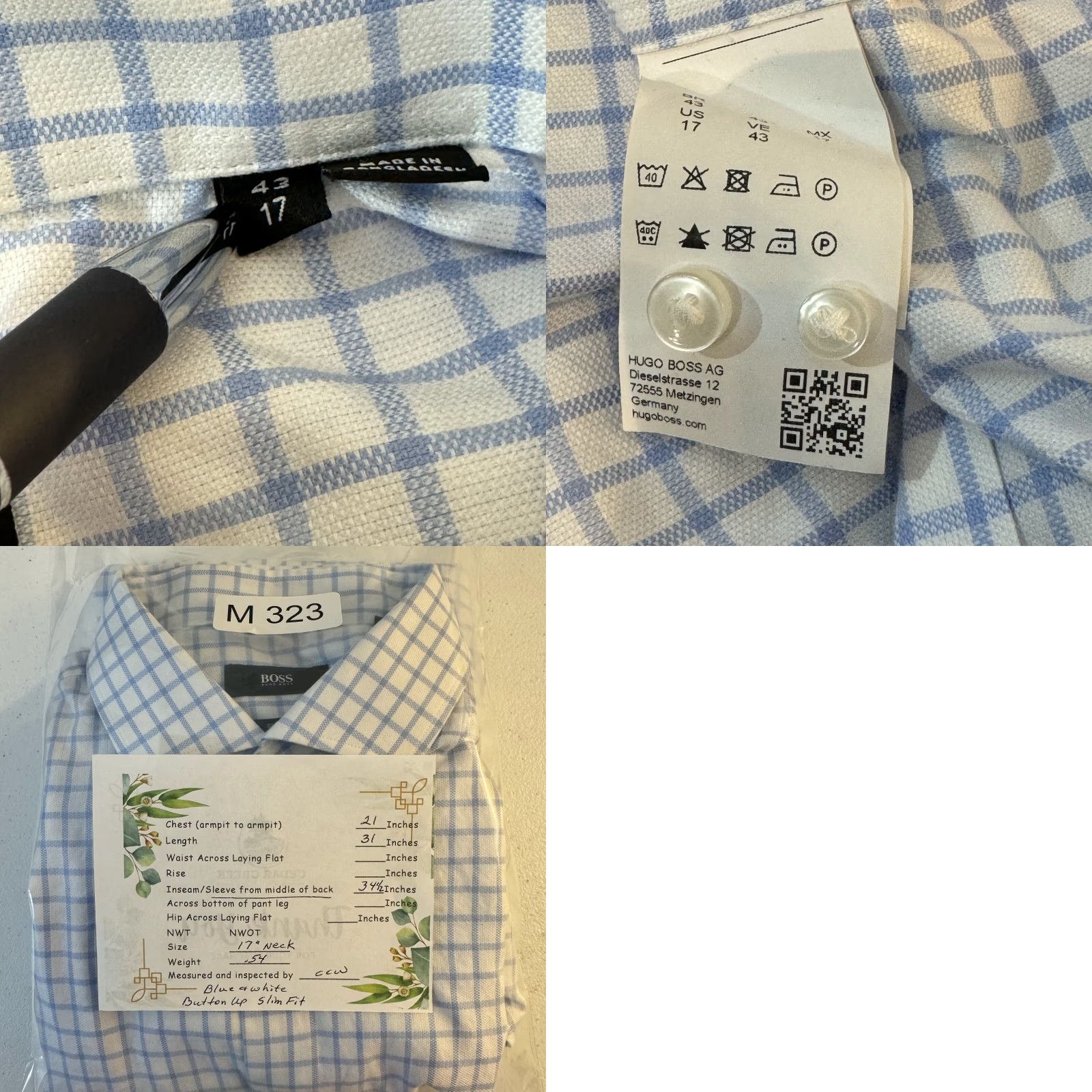 Hugo Boss Hugo Boss Dress Shirt Blue White Check Slim Fit 17 / XL Button-Up French Cuff Mens Size 46R - 9 Thumbnail