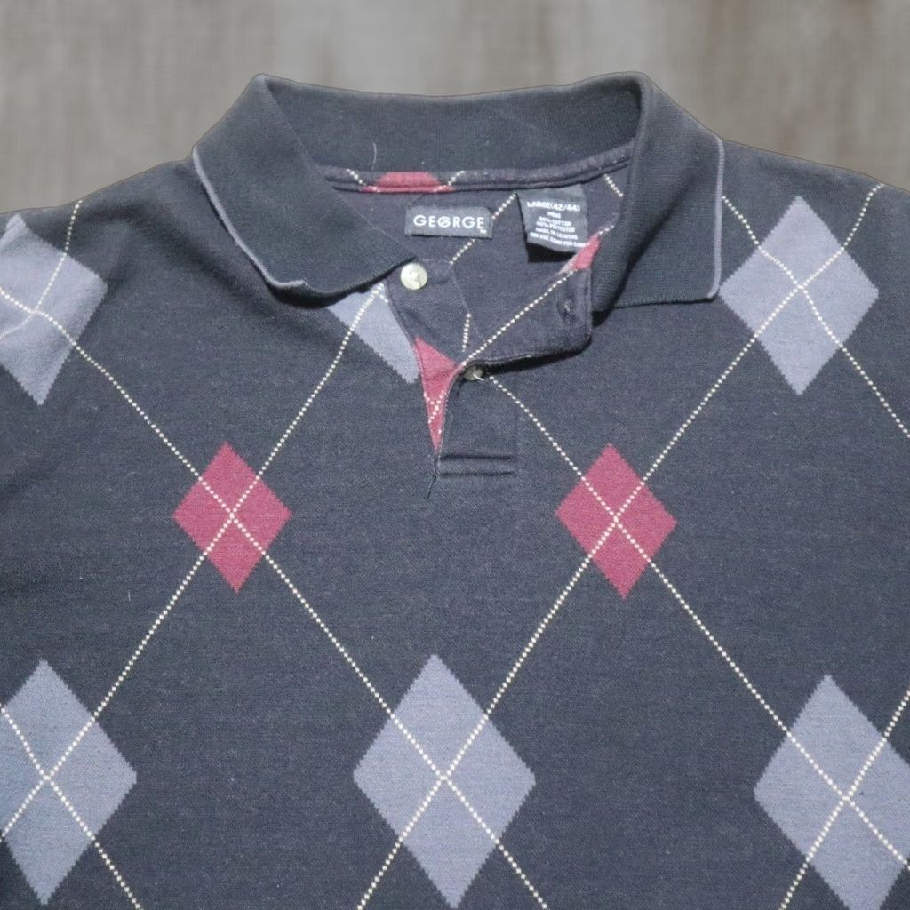 George George Polo Sweater Mens L Black Cotton Knit Long Sleeve V-Neck Pullover Argyle Striped Classic American Style Size US L / EU 52-54 / 3 - 1 Thumbnail