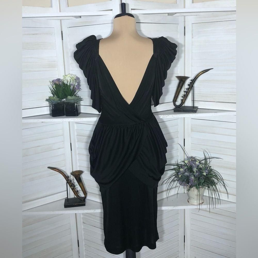 Vintage 80s black sheer lace puffed sleeves peplum cocktail dress S Size M / US 6-8 / IT 42-44 - 2 Thumbnail