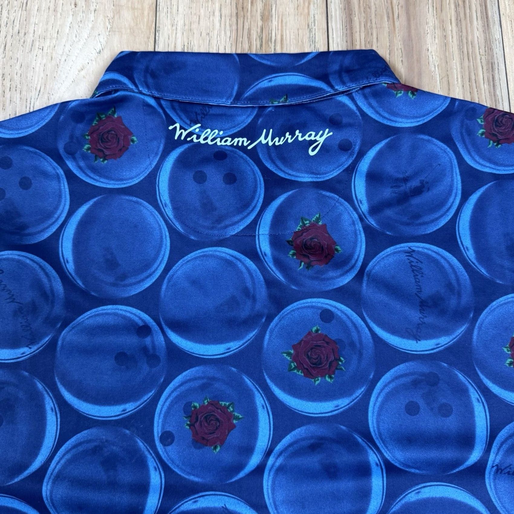Vintage William Murray Polo Mens Large Blue Floral Bowling Ball Performance Golf Shirt Size US L / EU 52-54 / 3 - 6 Thumbnail