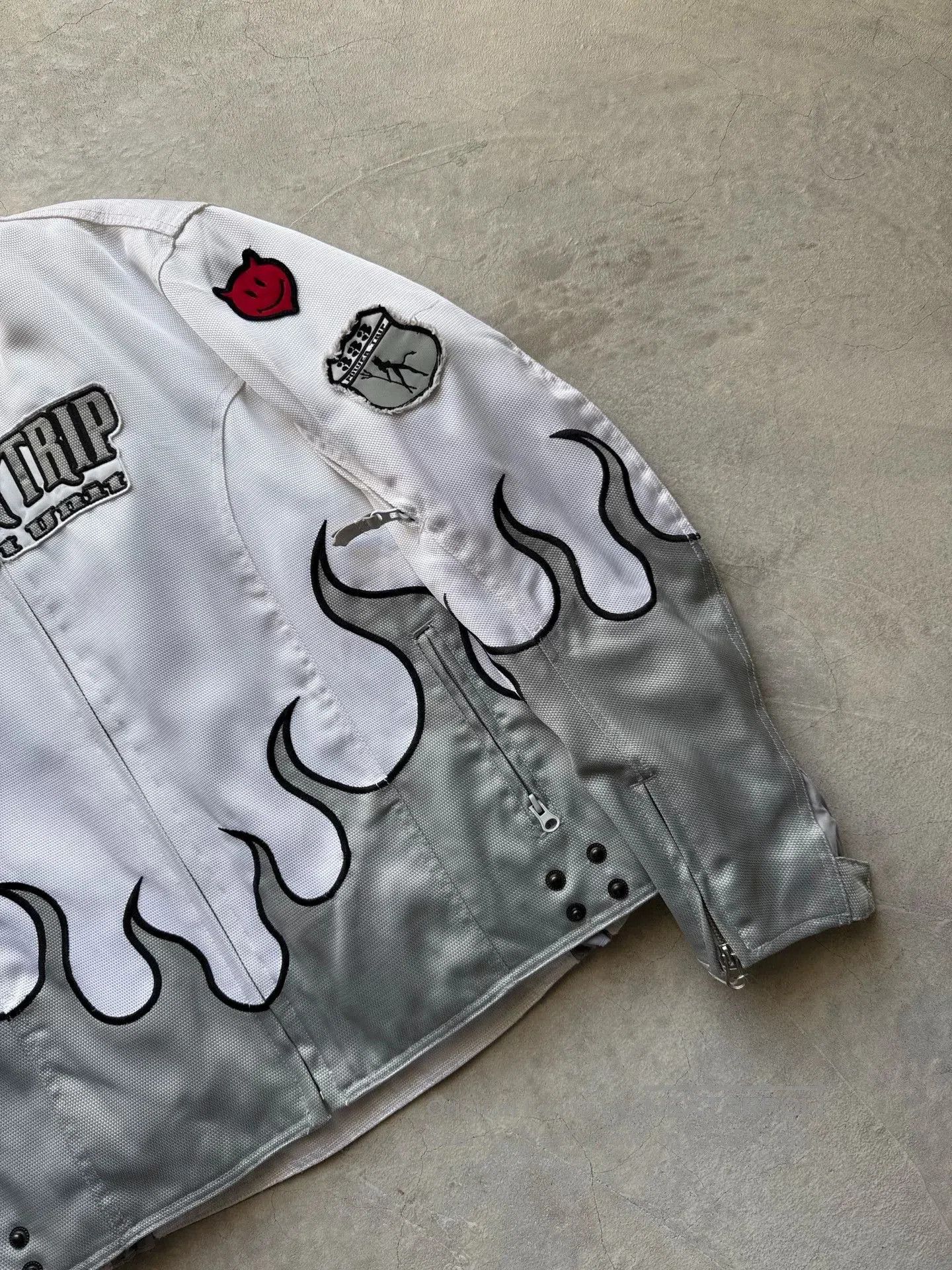 Vintage Vintage 00s Power Trip White Flame Biker Jacket. Size US XL / EU 56 / 4 - 6 Thumbnail