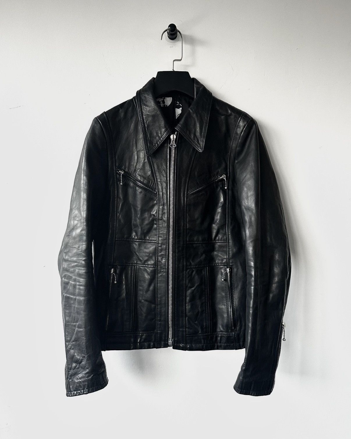 Black Leather Jacket with Zip Closure - Size M