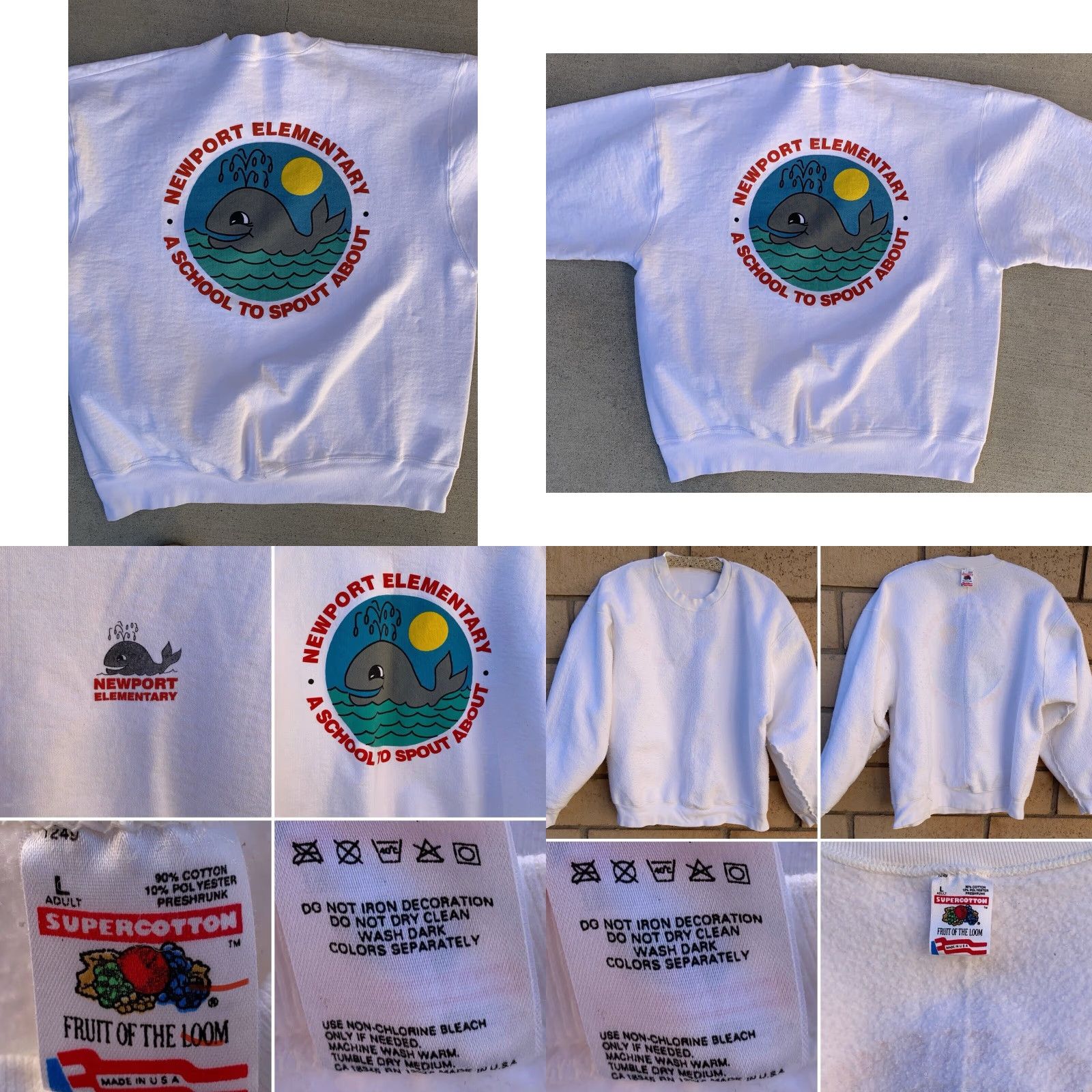 Fruit Of The Loom VINTAGE Newport Elementary A School To Spout About Sweatshirt Whale Graphic Sz L Sweatshirt Size US L / EU 52-54 / 3 - 10 Thumbnail