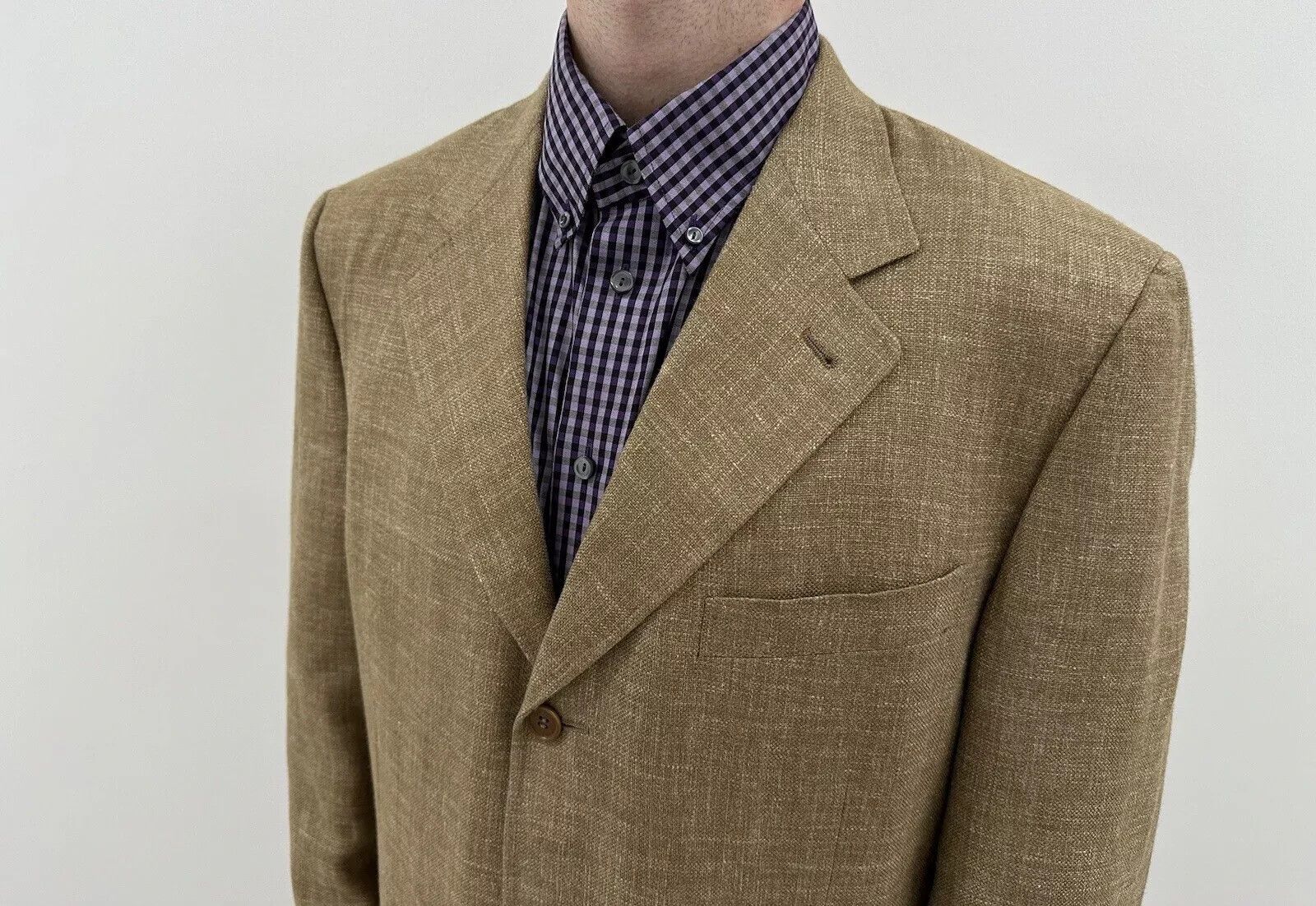 Canali Canali Blazer Sport Coat Mens Tan Plaid Silk Wool Linen Size 44R - 4 Thumbnail