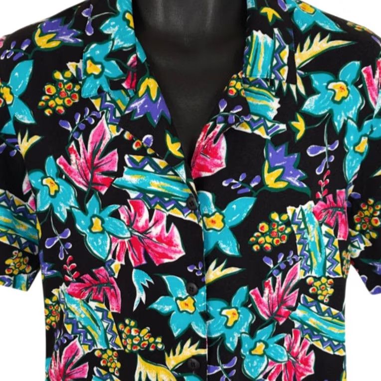 Vintage VINTAGE Notations Floral Hawaiian Shirt Womens Medium Black 90s Button-Up Short Sleeve | Rayon | Casual Beachwear Mens? Womens Size M / US 6-8 / IT 42-44 - 2 Thumbnail