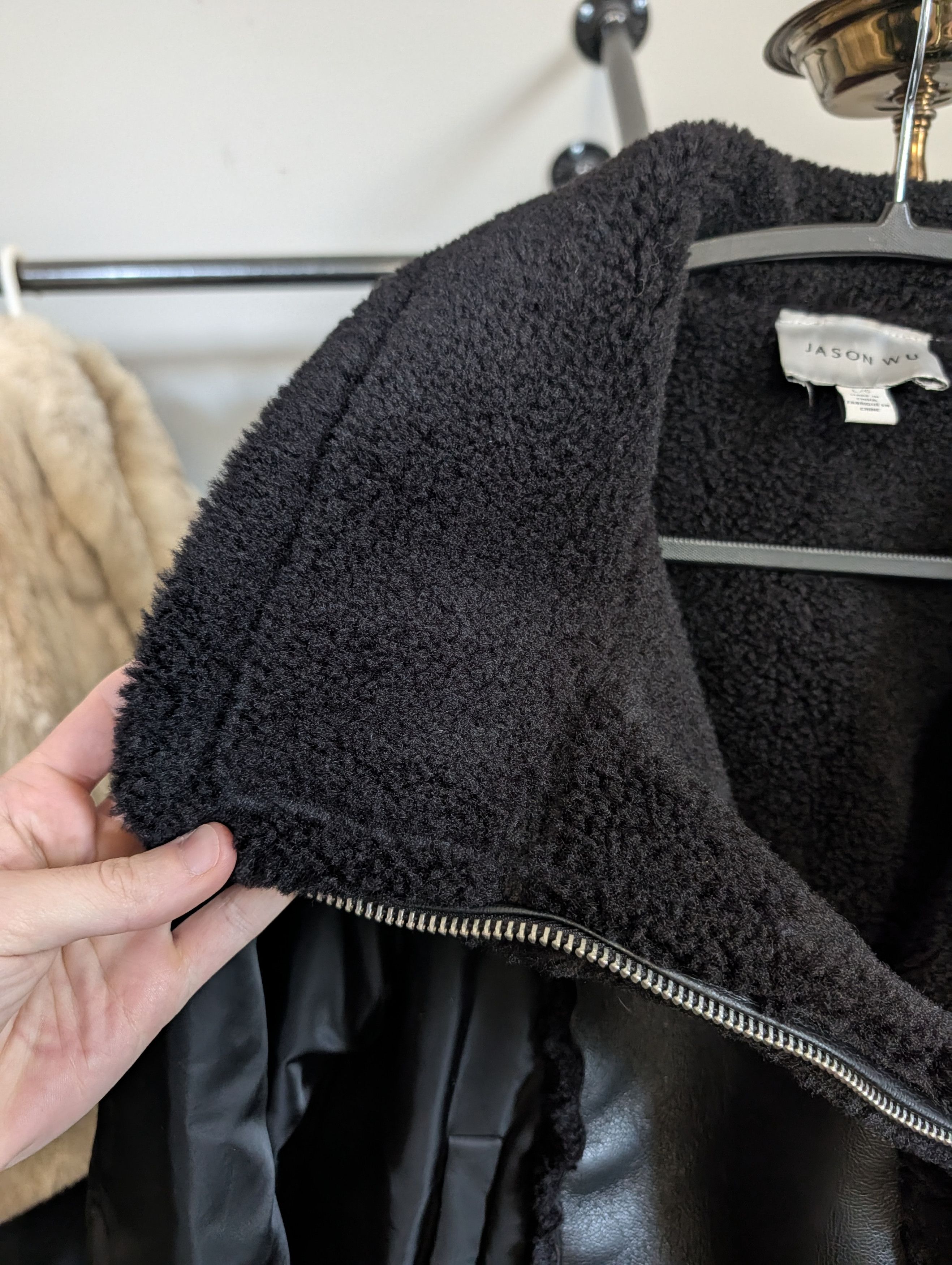 Jason Wu Black vegan leather shearling fur aviator bomber jacket Size L / US 10 / IT 46 - 7 Thumbnail