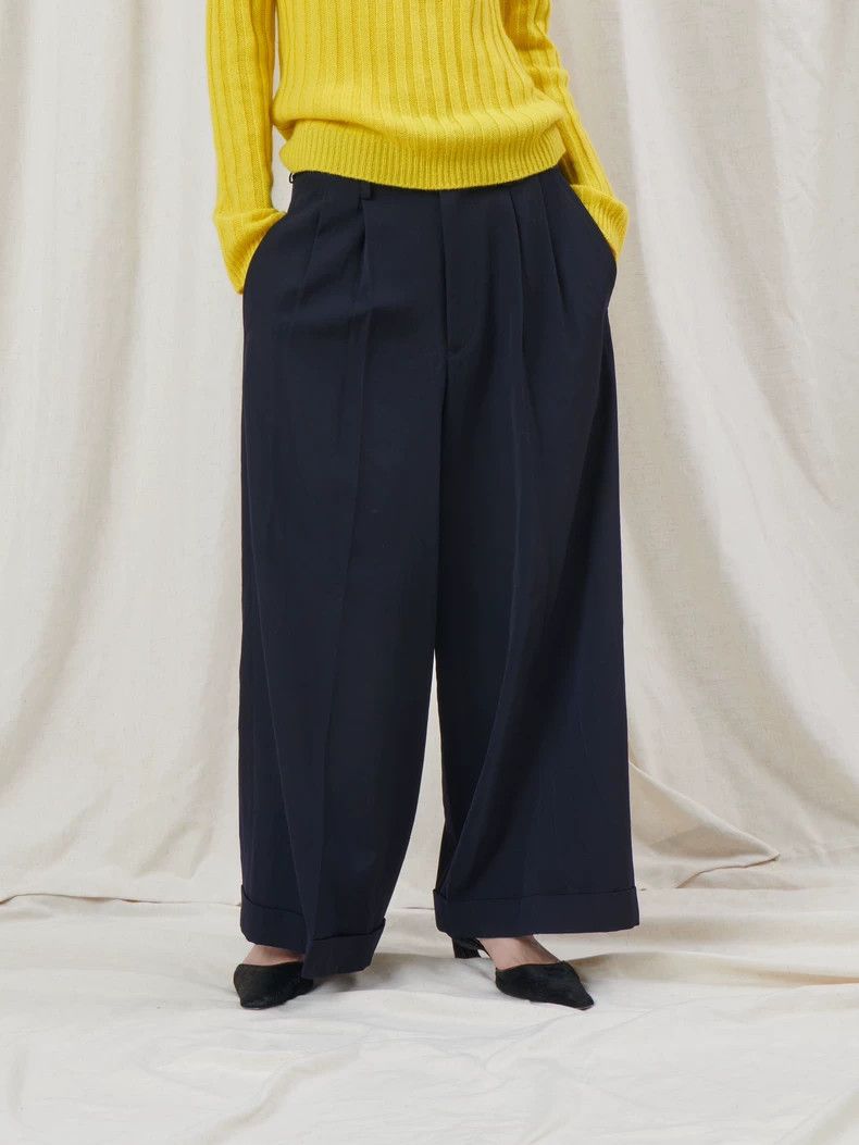 Y's Y's size os Navy Blue Pleated Rolled Wide-Leg Pants Size 24" / US 00 / IT 34 - 2 Thumbnail