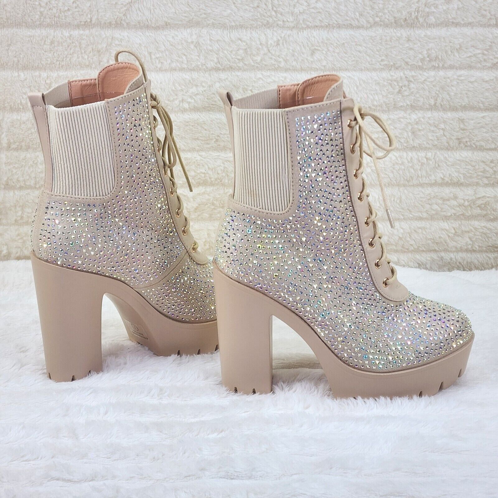 Other Barri Nude Beige Cream Rhinestone Chunky Heel Platform Ankle Size US 11 / IT 41 - 4 Thumbnail