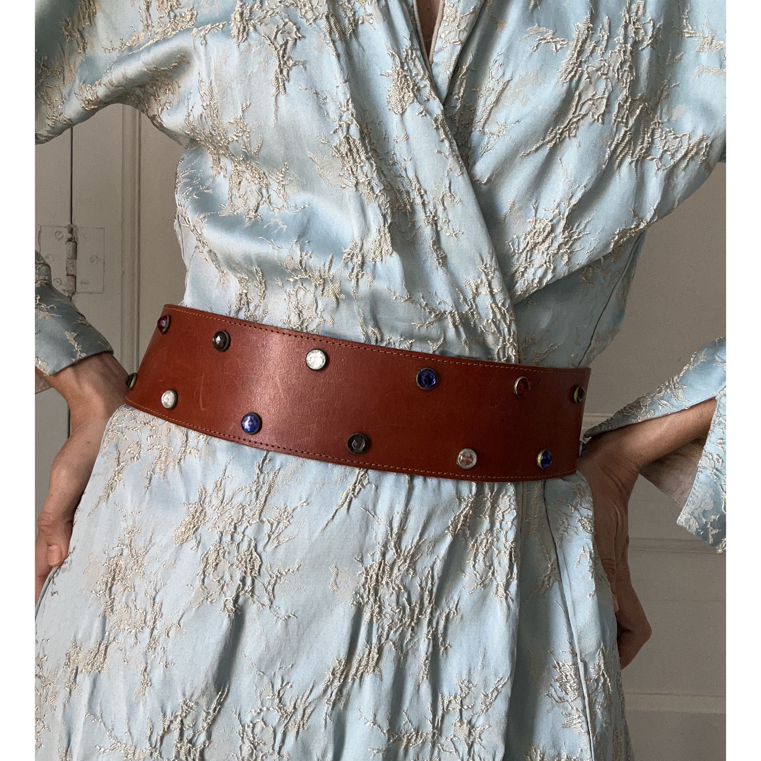 Vintage Vintage 90s Brown Leather Wide Waist Belt Size ONE SIZE - 1 Thumbnail