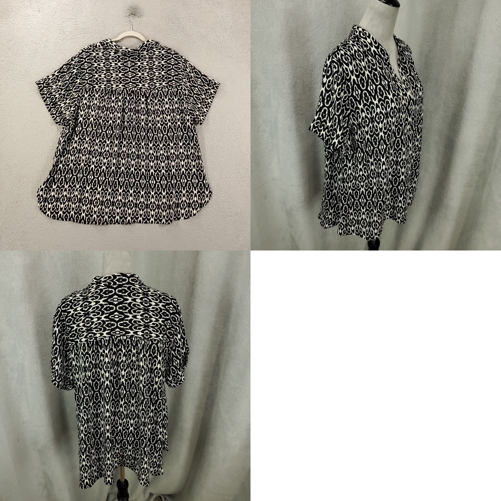 Vintage Rose And Olive Blouse Women 1X Black White Geometric Collared V Neck Top Size XL / US 12-14 / IT 48-50 - 8 Thumbnail
