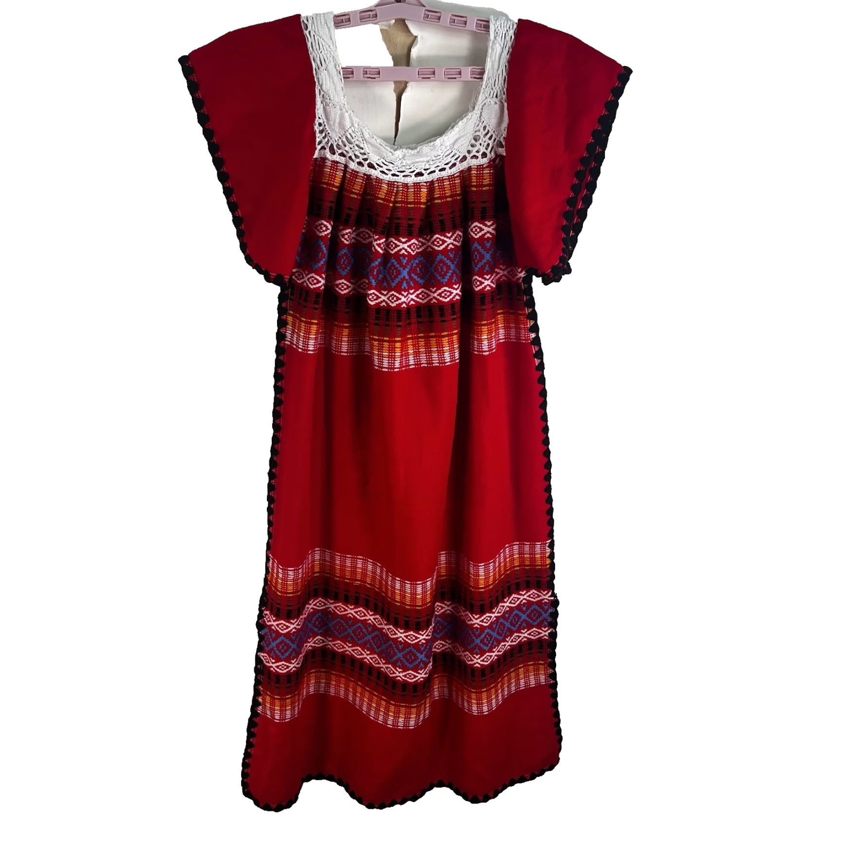 Vintage VINTAGE Geometric Embroidered Kaftan Dress, Wool, Large, Red, 80s, Womens Size L / US 10 / IT 46 - 7 Thumbnail