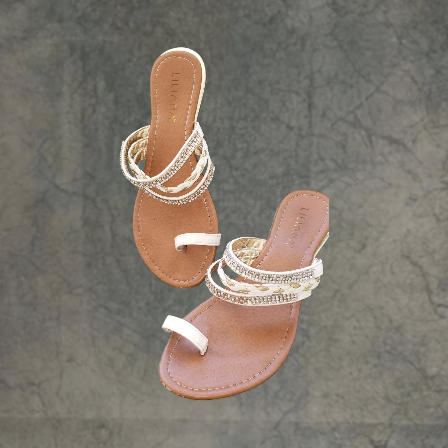 Vintage Liliana Toe Sling Sandal Slide In White with Rhinestones And Gold Leather Weave Sandal Women 10M Size US 8 / IT 38 - 1 Thumbnail
