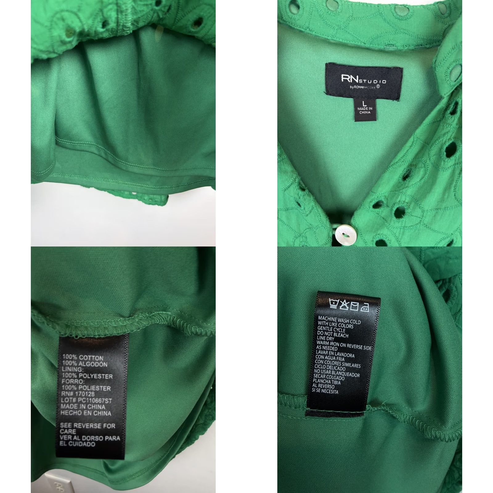 Vintage Kelly Green Eyelet Shift Dress Womens Large Lined Belted Short Sleeve Round Neck Knee Length Dress RN Studio Office Casual Career Size L / US 10 / IT 46 - 8 Thumbnail