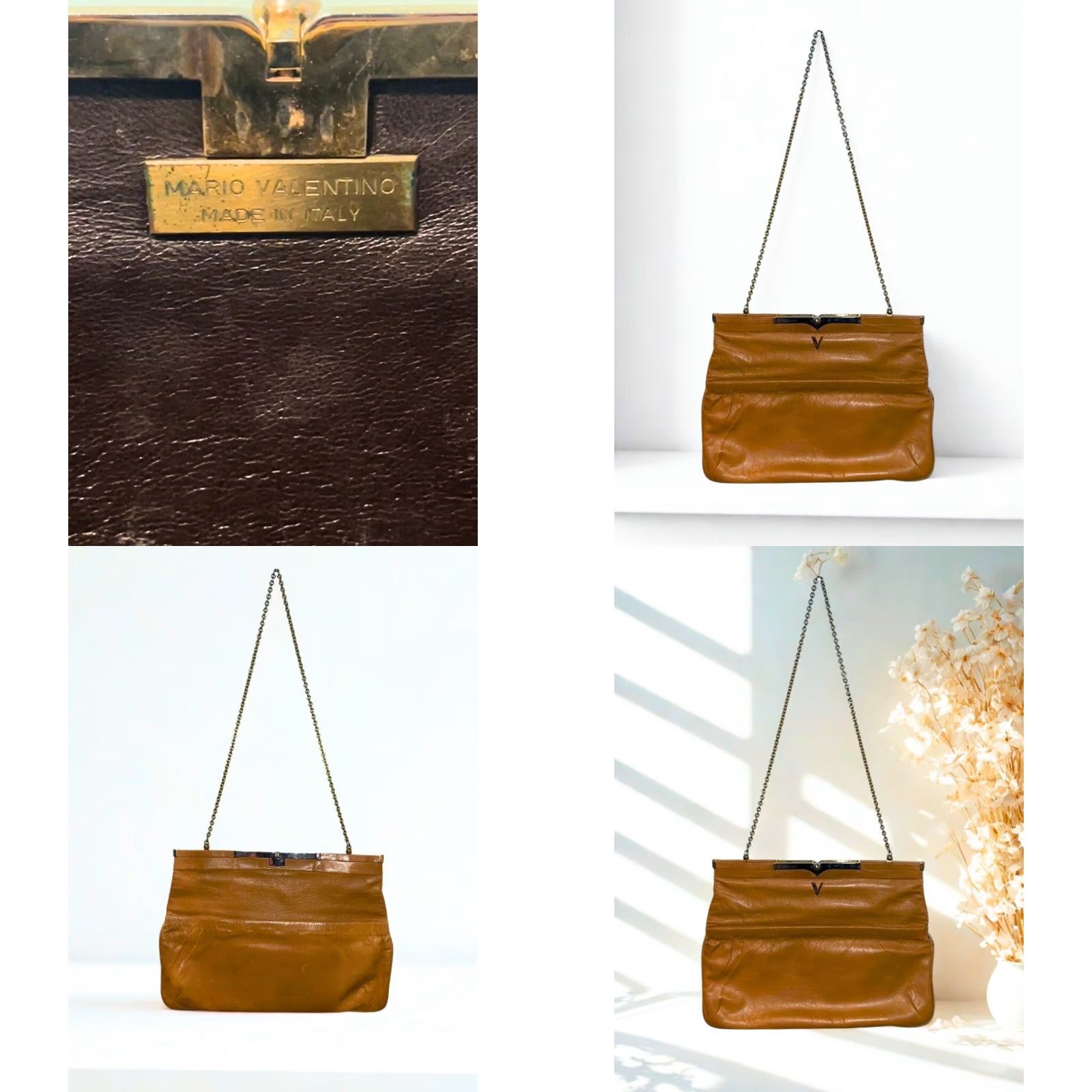 Valentino VINTAGE Valentino by Mario Valentino Leather Shoulder Bag Brown Chain Strap Medium Women Casual Evening Wedding Party/Cocktail Travel Size ONE SIZE - 8 Thumbnail
