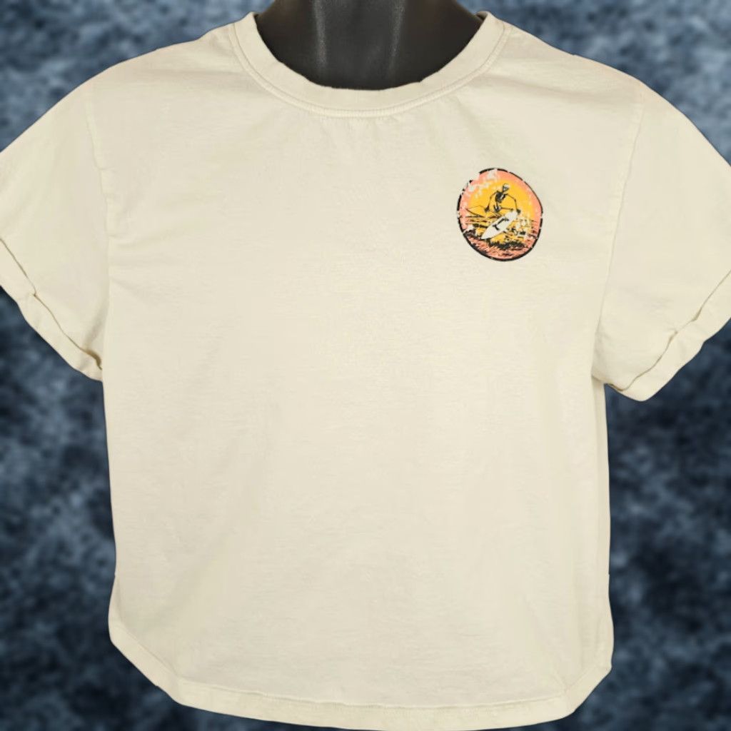 Vintage Vibe 'N Surf Club Crop Top T Shirt Womens Size Large Ivory Ocean Vibes Surfer Skeleton Size L / US 10 / IT 46 - 1 Thumbnail
