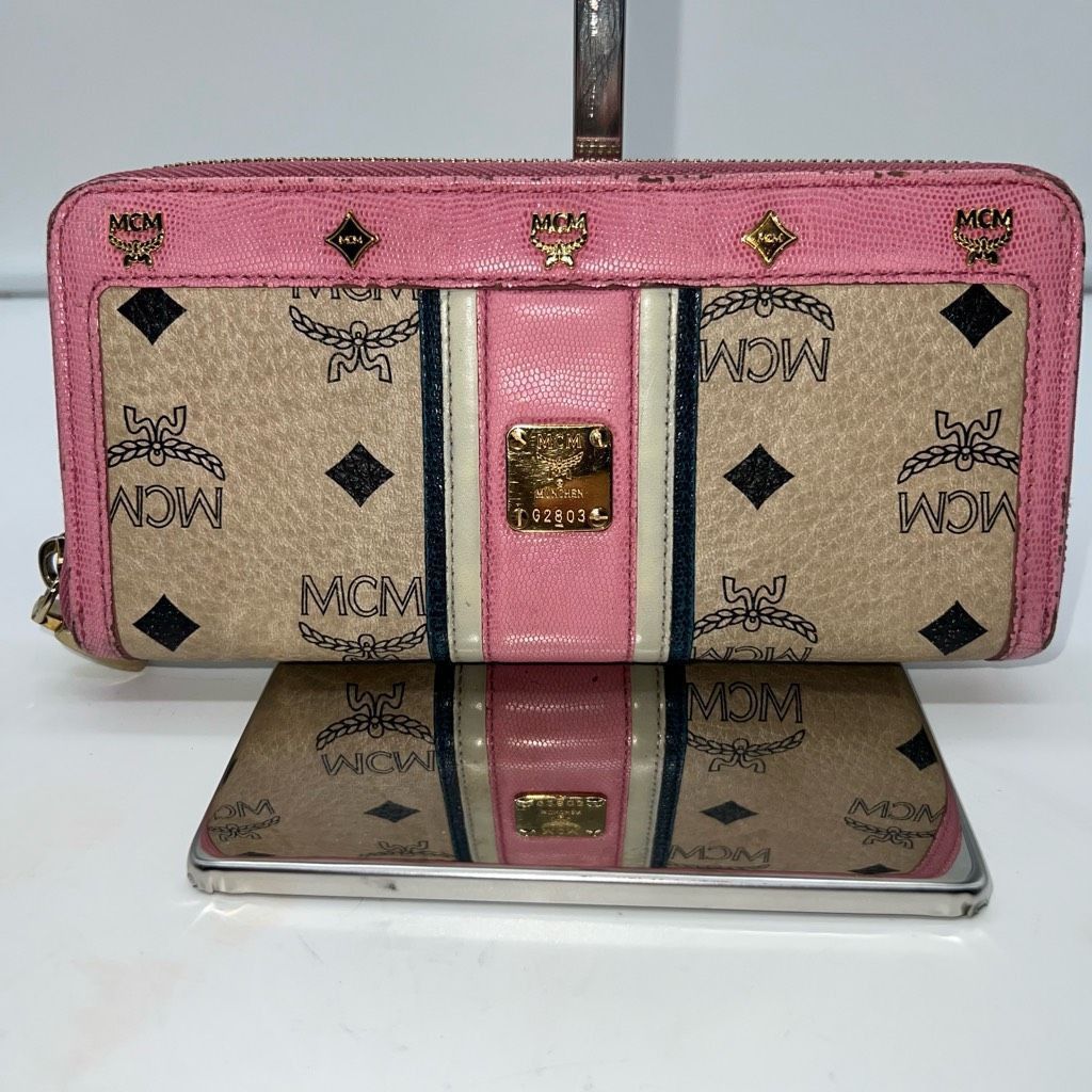 image of MCM Pink Trimmed Monogram Long Zippy Wallet, Women's