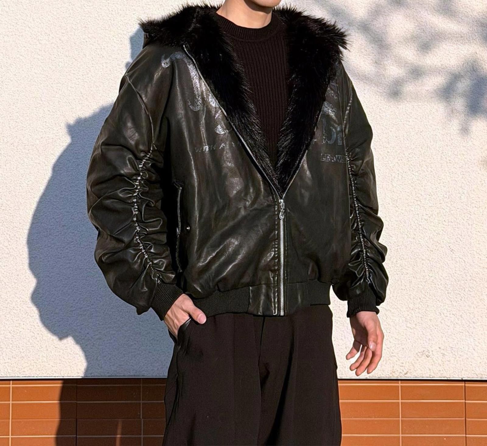 Japanese Brand Black Faux Leather Bomber Jacket with Fur Collar Size US L / EU 52-54 / 3 - 4 Thumbnail