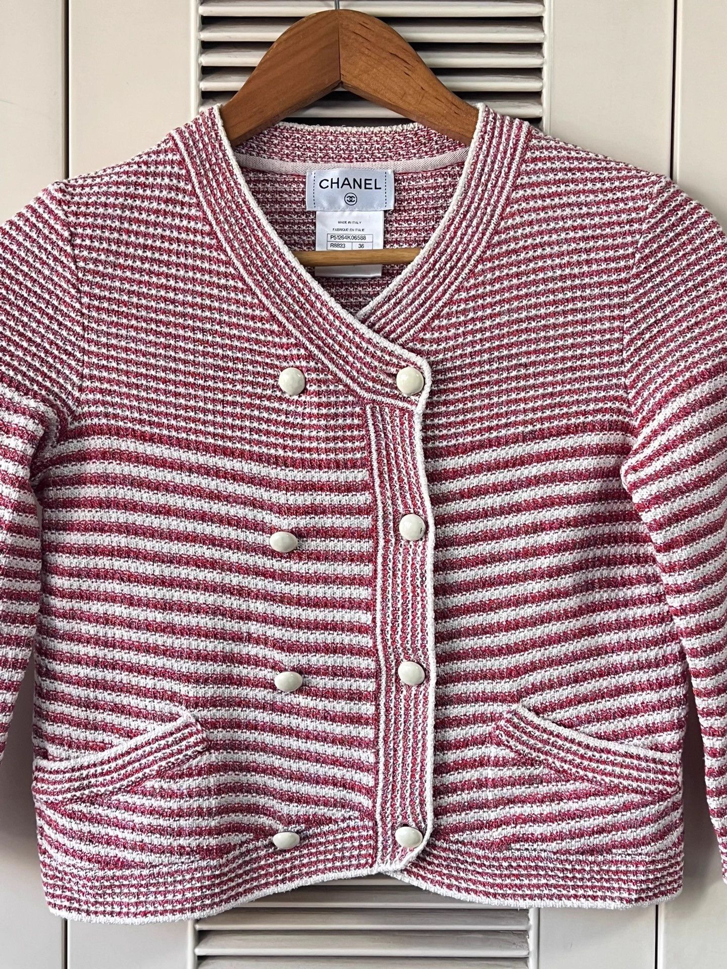 Chanel Chanel Red & White Stripe Crewneck Cardigan 36 Size XS / US 0-2 / IT 36-38 - 3 Thumbnail