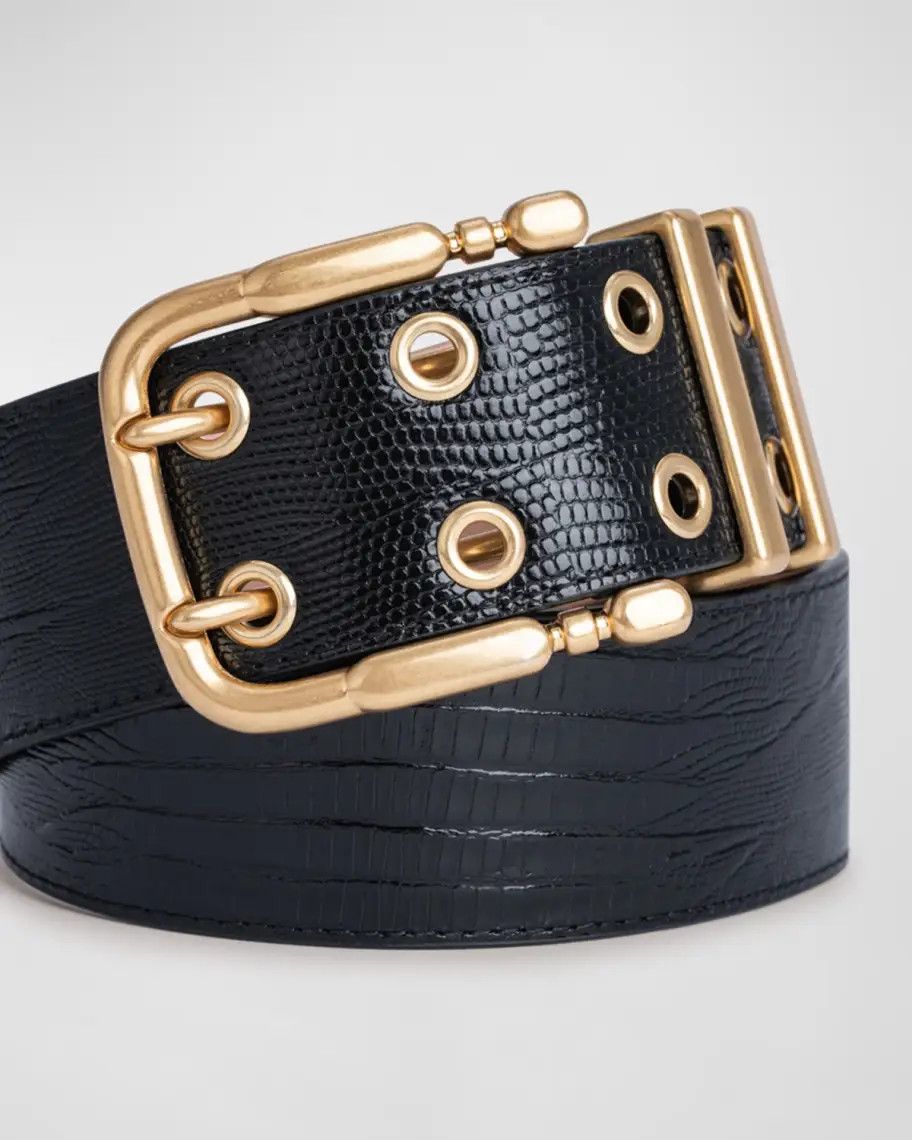 By Far o1mle1224 Size : M/Lizard Embossed Leather Belt in Black Size ONE SIZE - 3 Thumbnail