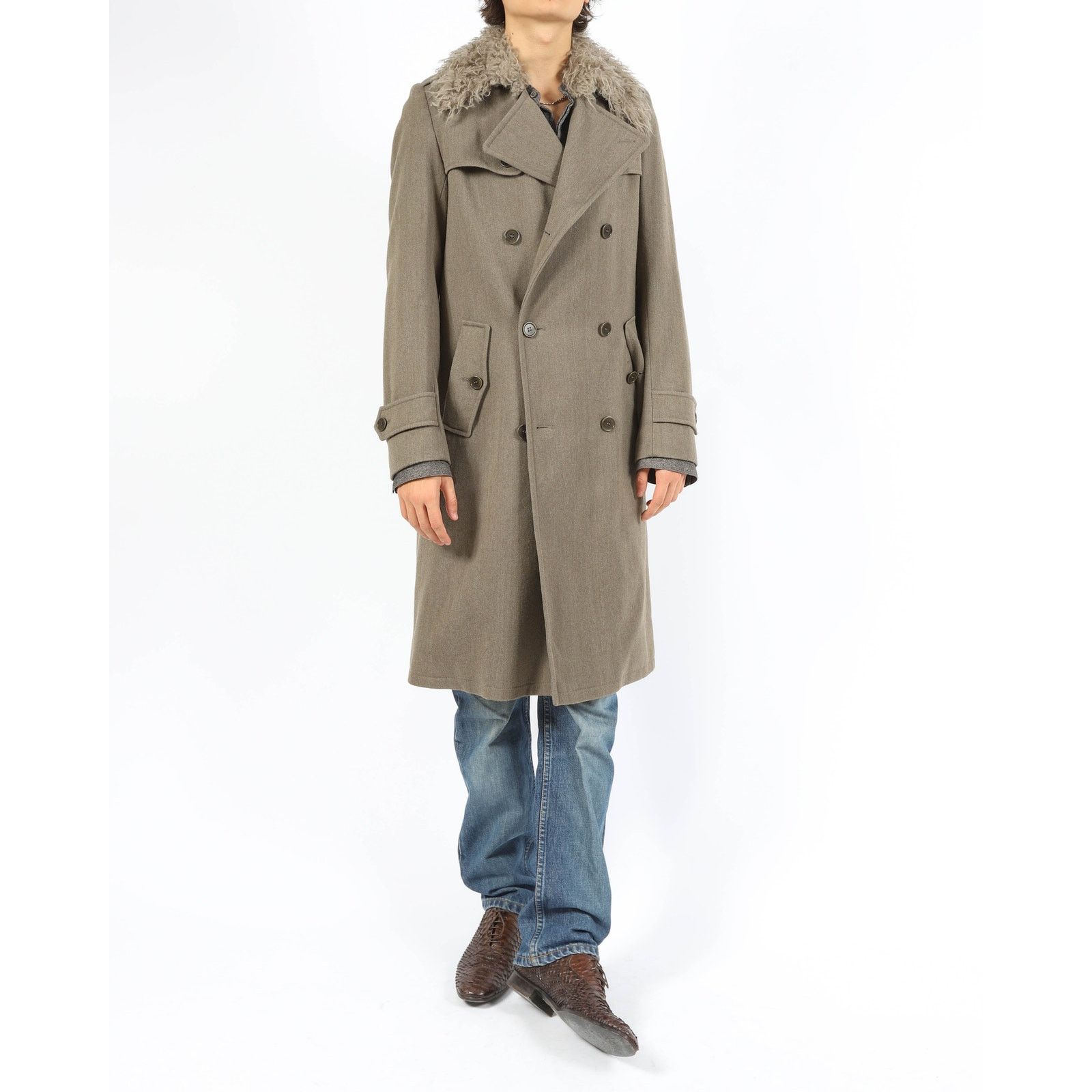 Dries Van Noten FW16 Faux Fur Collar Double Breasted Long Coat in Grey Wool Size US S / EU 44-46 / 1 - 2 Thumbnail