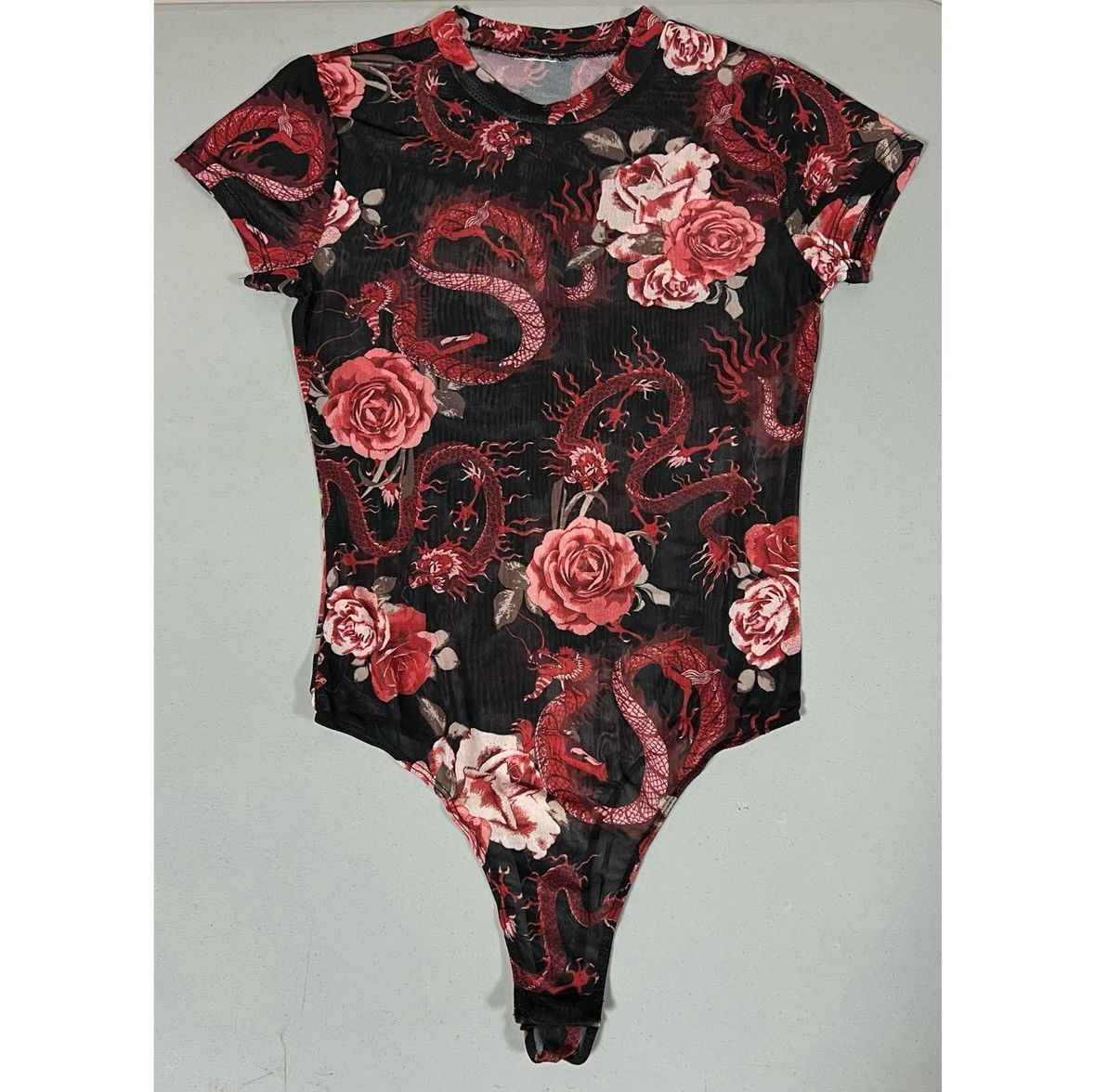 Vintage Black Red Dragon Floral Shirt Top Blouse Bodysuit Size S 🌹✨ Size S / US 4 / IT 40 - 1 Thumbnail