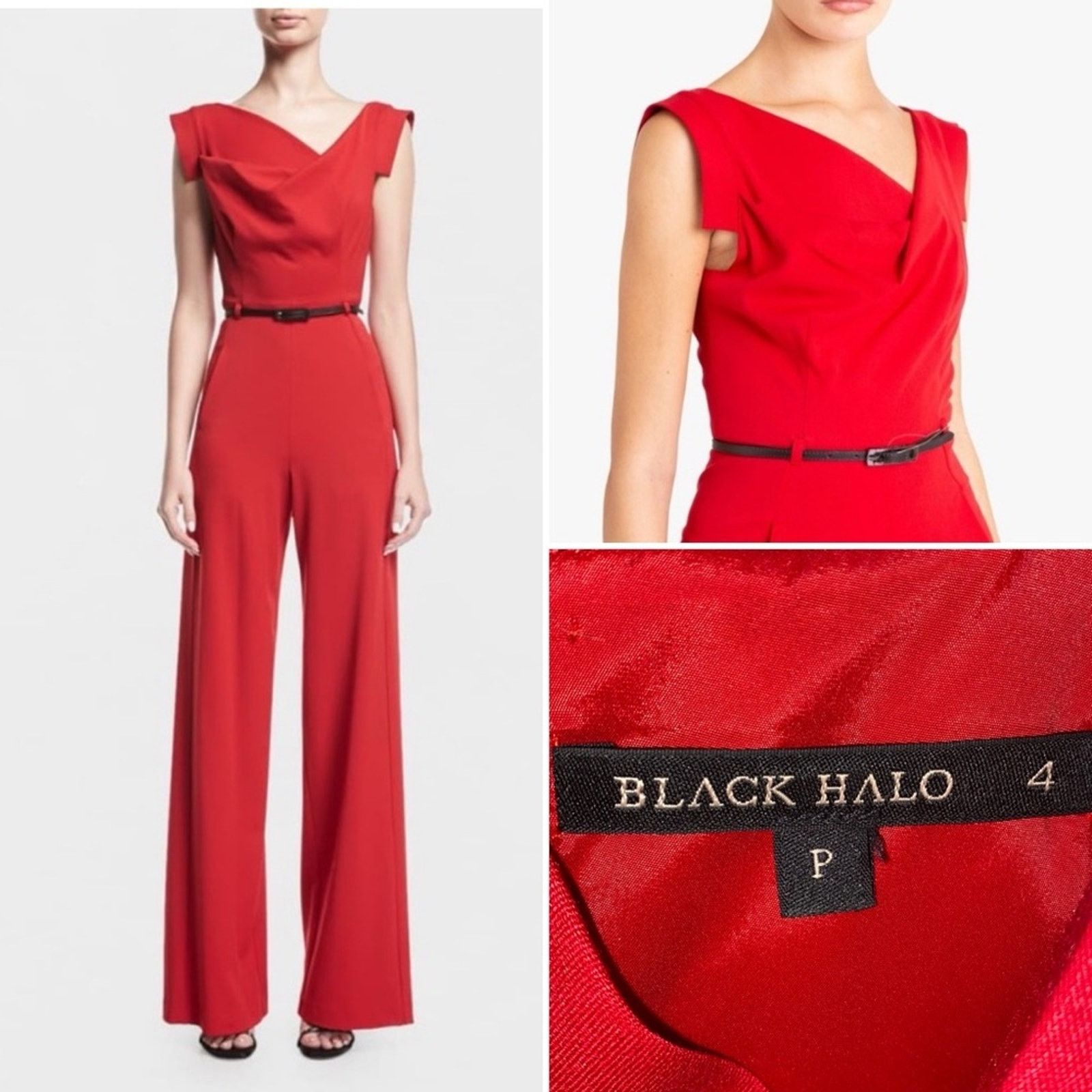 Black Halo BLACK HALO Jackie O Red Belted Wide Leg Jumpsuit Size 4 P Size 27" / US 4 / IT 40 - 1 Thumbnail