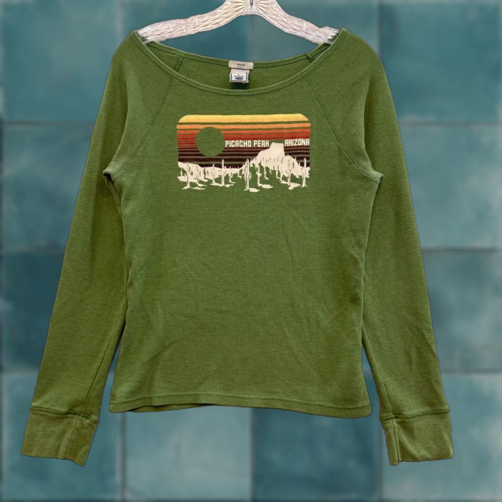 Old Navy VINTAGE Old Navy Y2K Long Sleeve Shirt L Green Thermal Waffle Knit Graphic Grunge Mens Girls? Size L / US 10 / IT 46 - 1 Thumbnail
