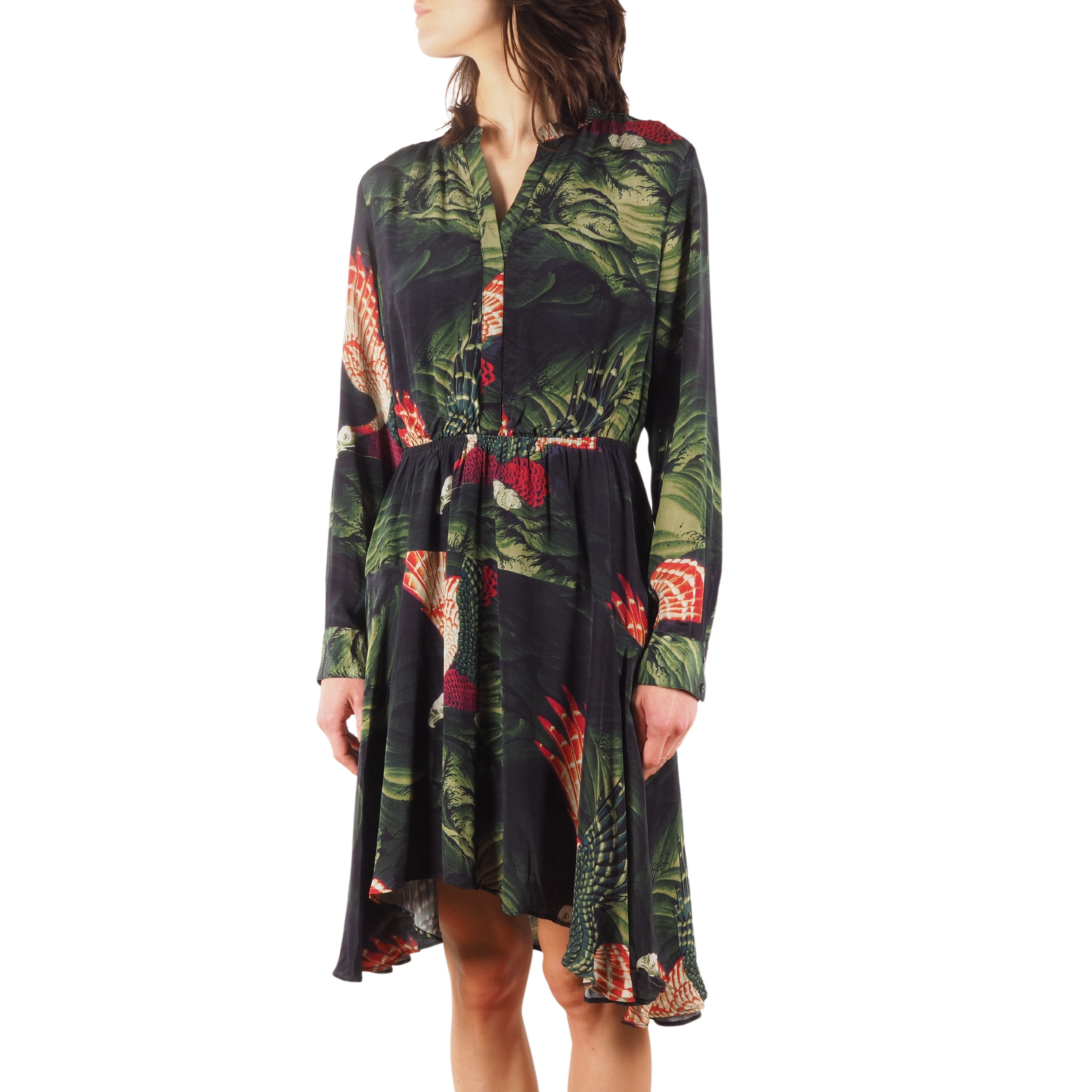 Allsaints AllSaints Martina Swoop Moss Green Floral Viscose Midi Dress Size M / US 6-8 / IT 42-44 - 1 Thumbnail