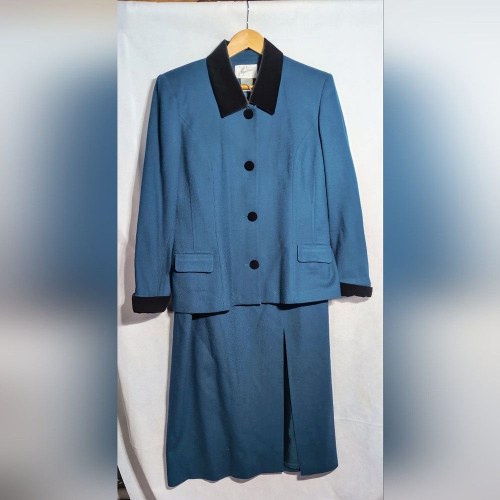 Vintage Jacqueline Ferrar Blue Green Wool Suit with Black V