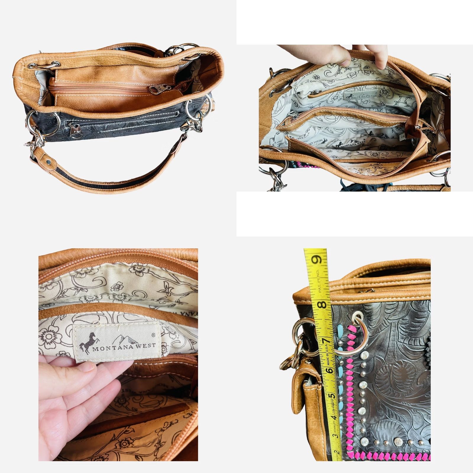 Vintage VINTAGE? No — Montana West Shoulder Bag Women's Purse Black Faux Leather Concho Collection Modern 13in 8in 5in Zip Inner Pockets Fringe Leather Strap Size ONE SIZE - 9 Thumbnail