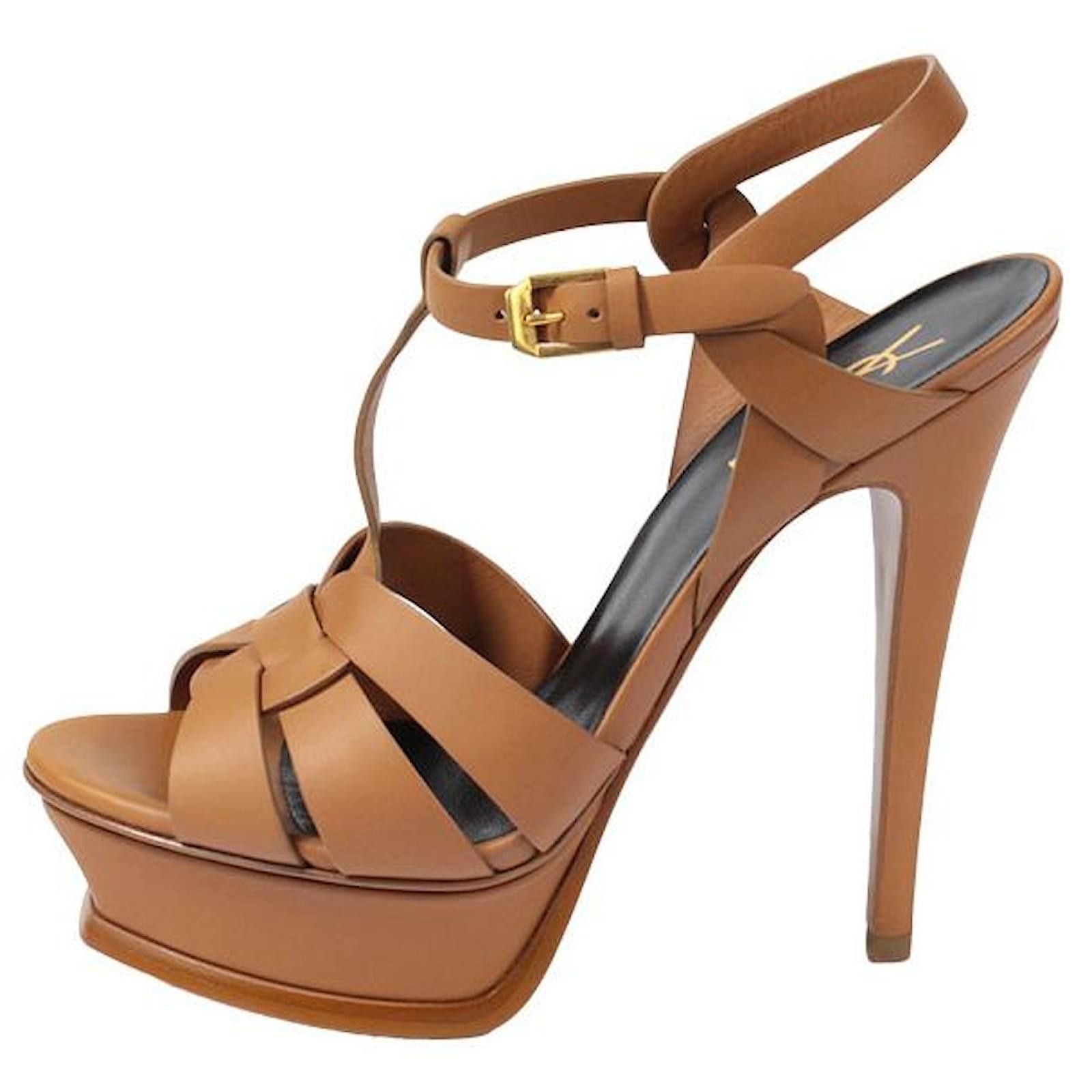 image of Saint Laurent Paris O1S1Wg110324 Tribute Platform Sandals Leather In Brown, Women's (Size 8)