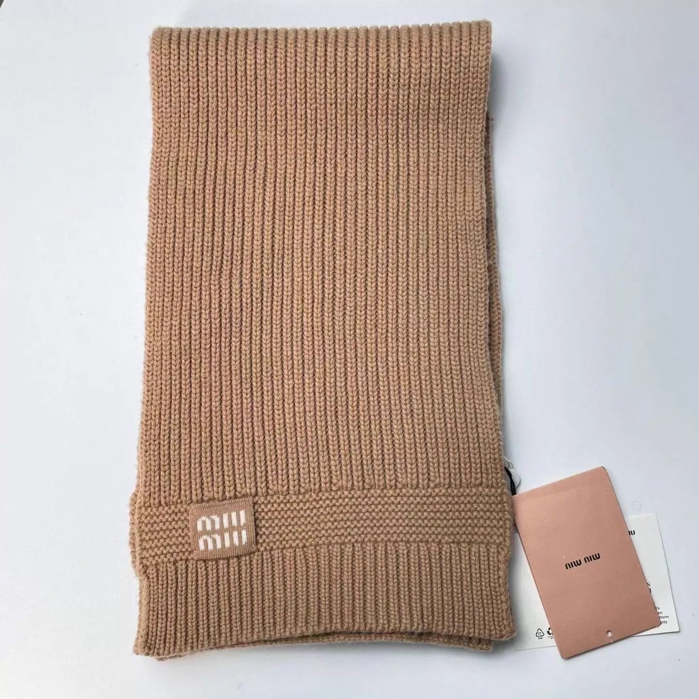 Miu Miu MIU MIU 25FW Camel Wool-Cashmere Ribbed Knit Logo Scarf Size ONE SIZE - 1 Thumbnail