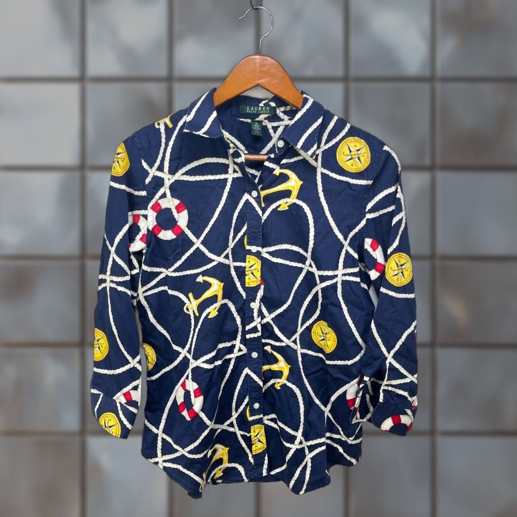 Polo Ralph Lauren VINTAGE Polo Ralph Lauren Womens Sailing Long Sleeve Shirt Medium Blue Striped Button-Up Polo Shirt Size M / US 6-8 / IT 42-44 - 1 Thumbnail