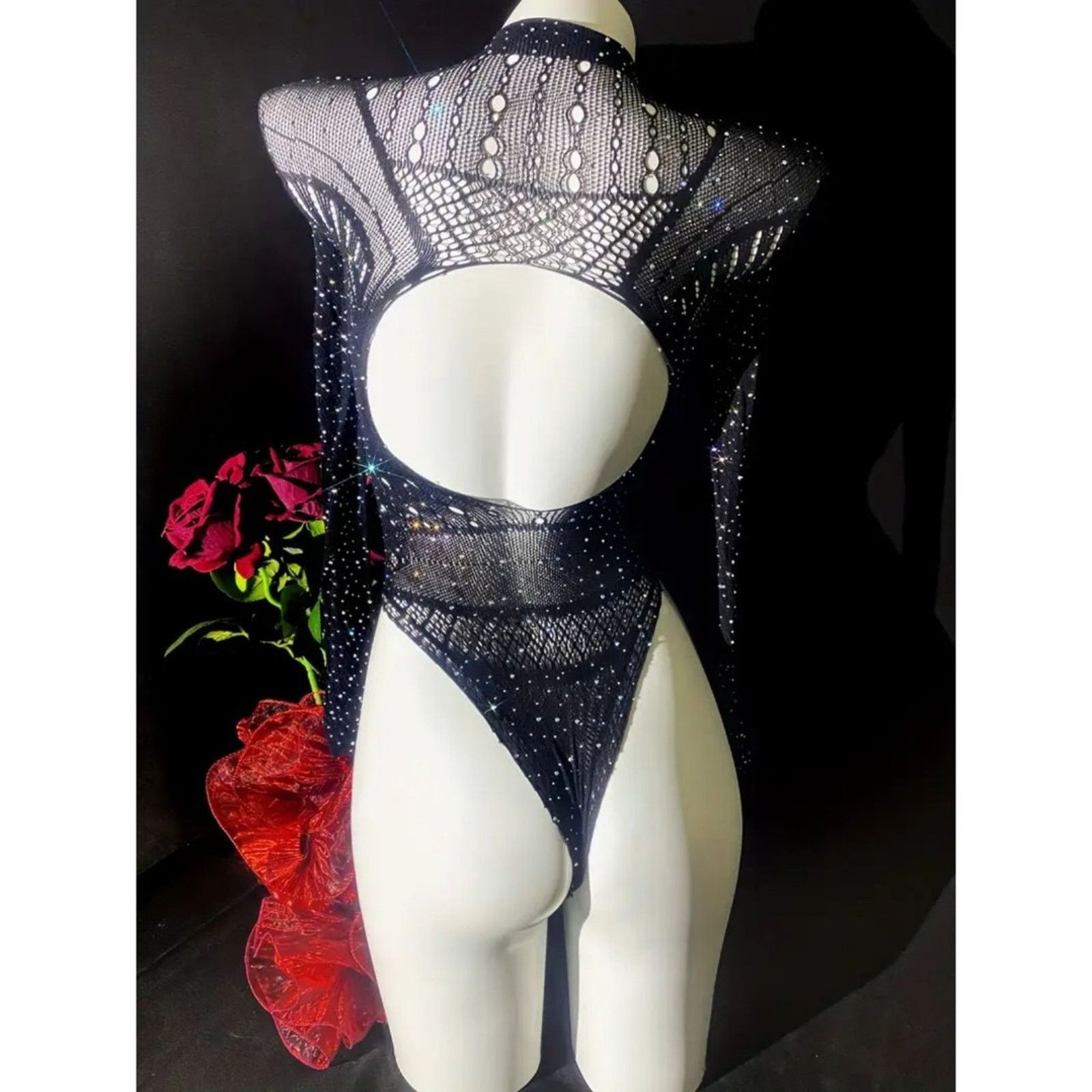 Other Club Sheer Elegant Black Rhinestone Long Sleeve Bodysuit Size ONE SIZE - 3 Thumbnail