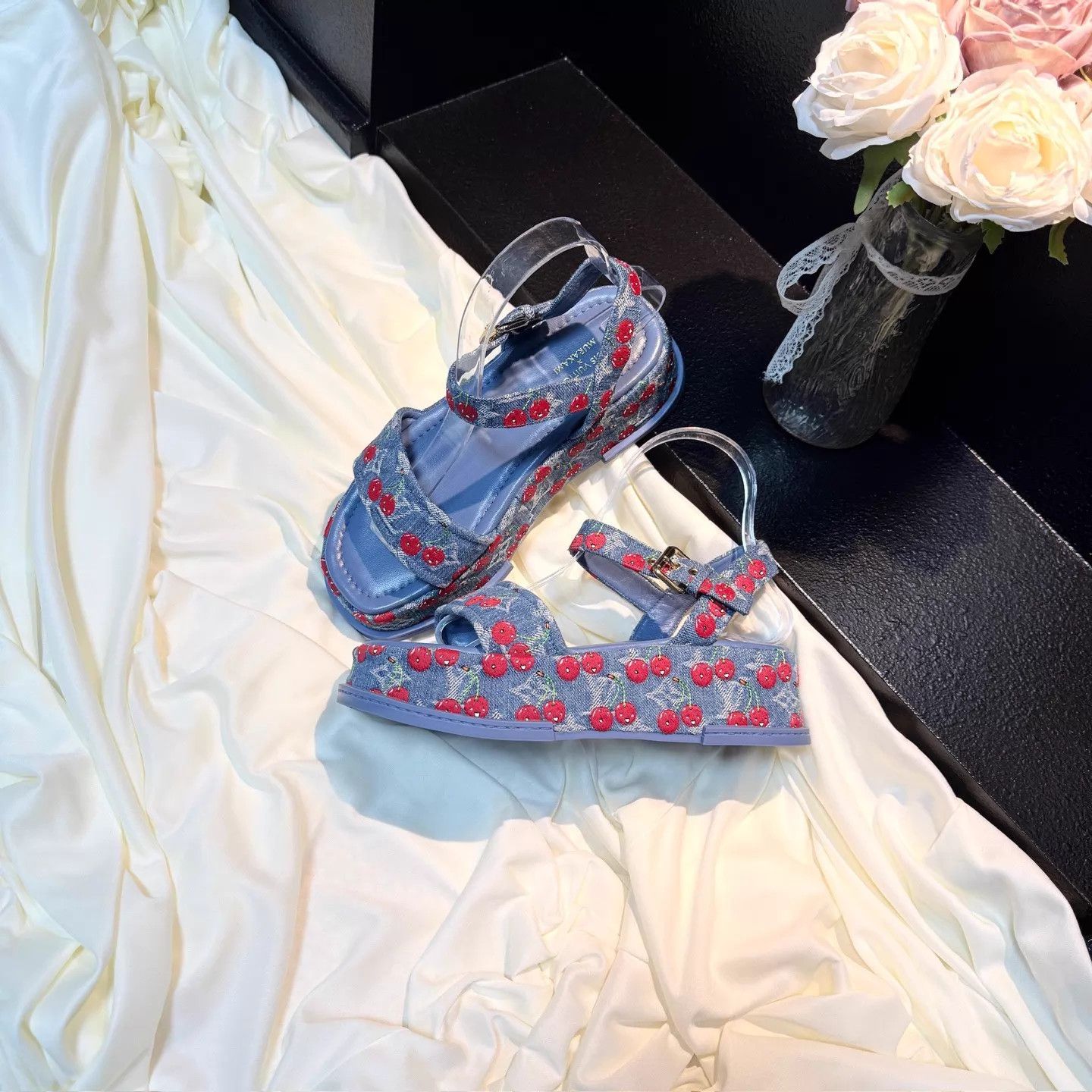 Louis Vuitton LV x TM Cherry Denim Platform Sandal 37 (new w/ box, tried) Size US 6.5 / IT 36.5 - 1 Thumbnail