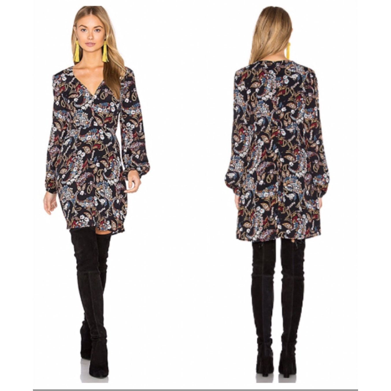 Other Wayf Deep Vee Mini Dress Floral Long Balloon Sleeve Lined XS Size XS / US 0-2 / IT 36-38 - 1 Thumbnail