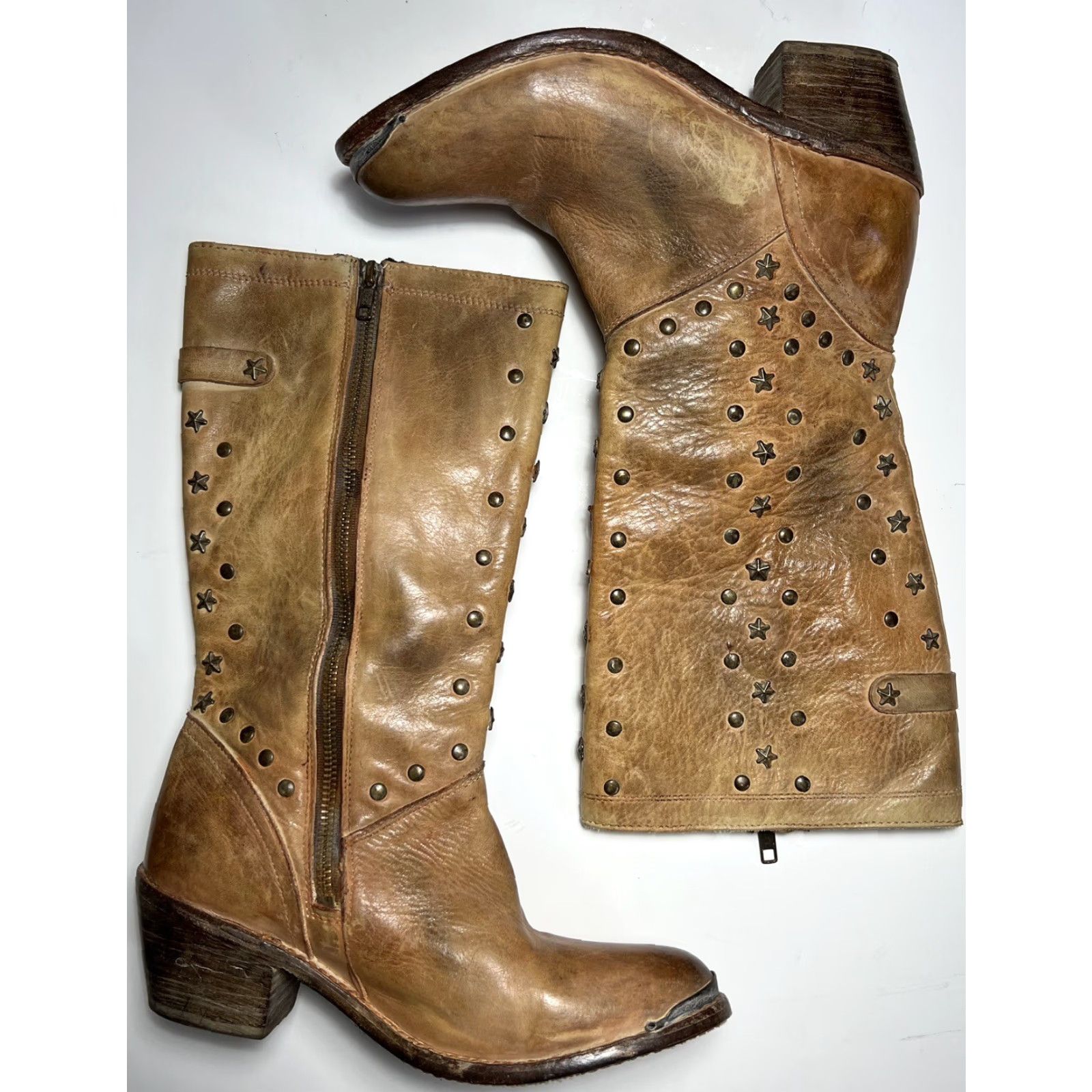 Bed Stu Bed Stü Cobbler Series Star Studded Leather Riding Boots Women 8.5 Brown Leather Buckle Zip Mid-Calf 80s 90s Biker Rocker Shoes Women Size US 9 / IT 39 - 3 Thumbnail