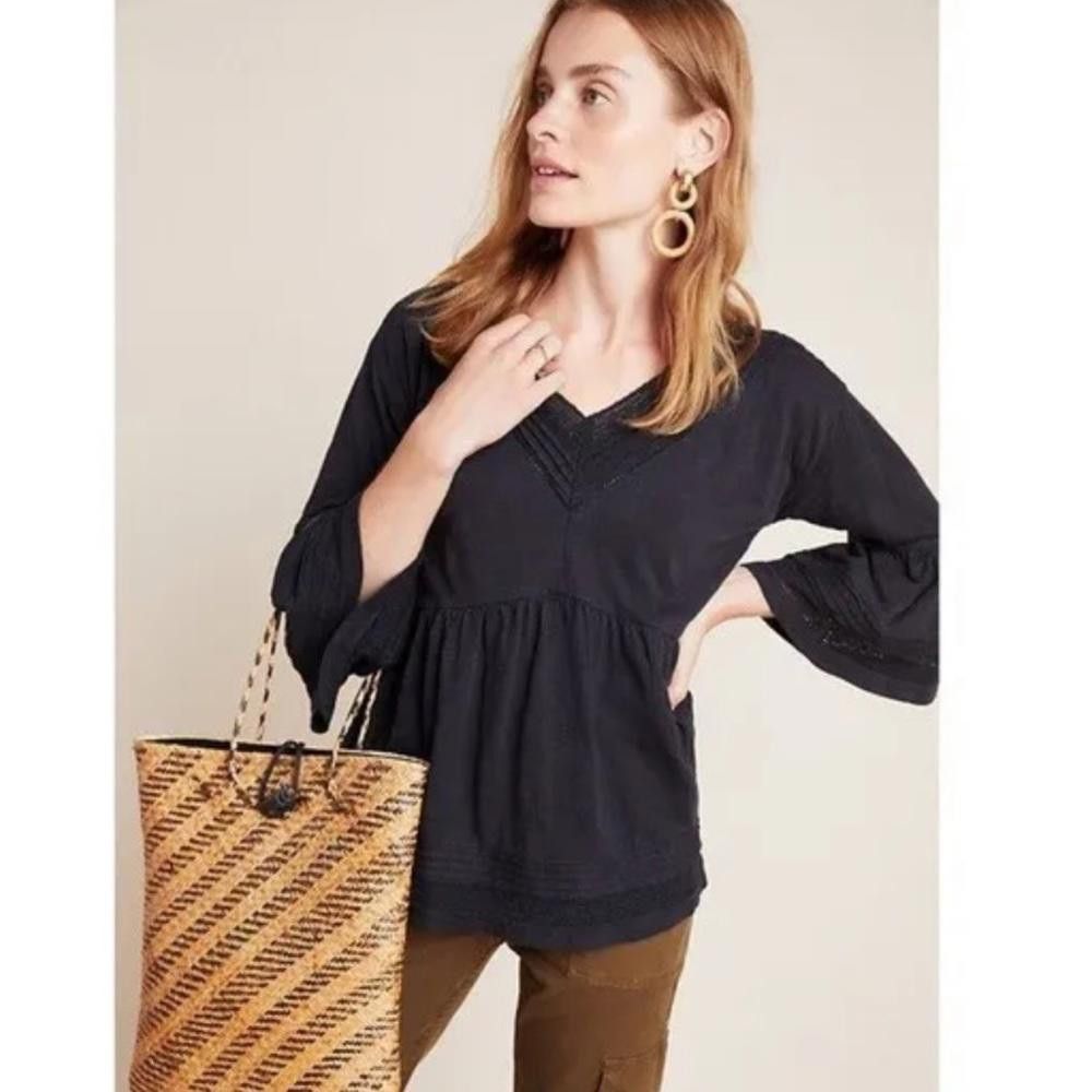 Designer Anthropologie l Bell Sleeve Lace Detail Blouse Size XS Size S / US 4 / IT 40 - 10 Thumbnail