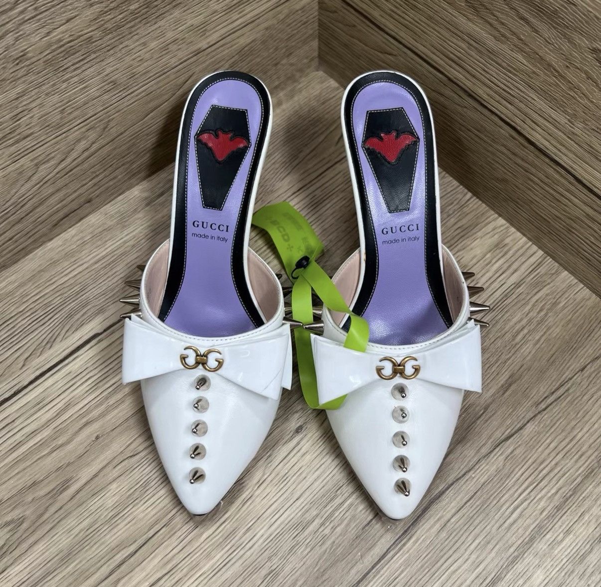 Gucci Gucci White Studded Glossy Heeled Slippers J41 Size US 5 / IT 35 - 3 Thumbnail
