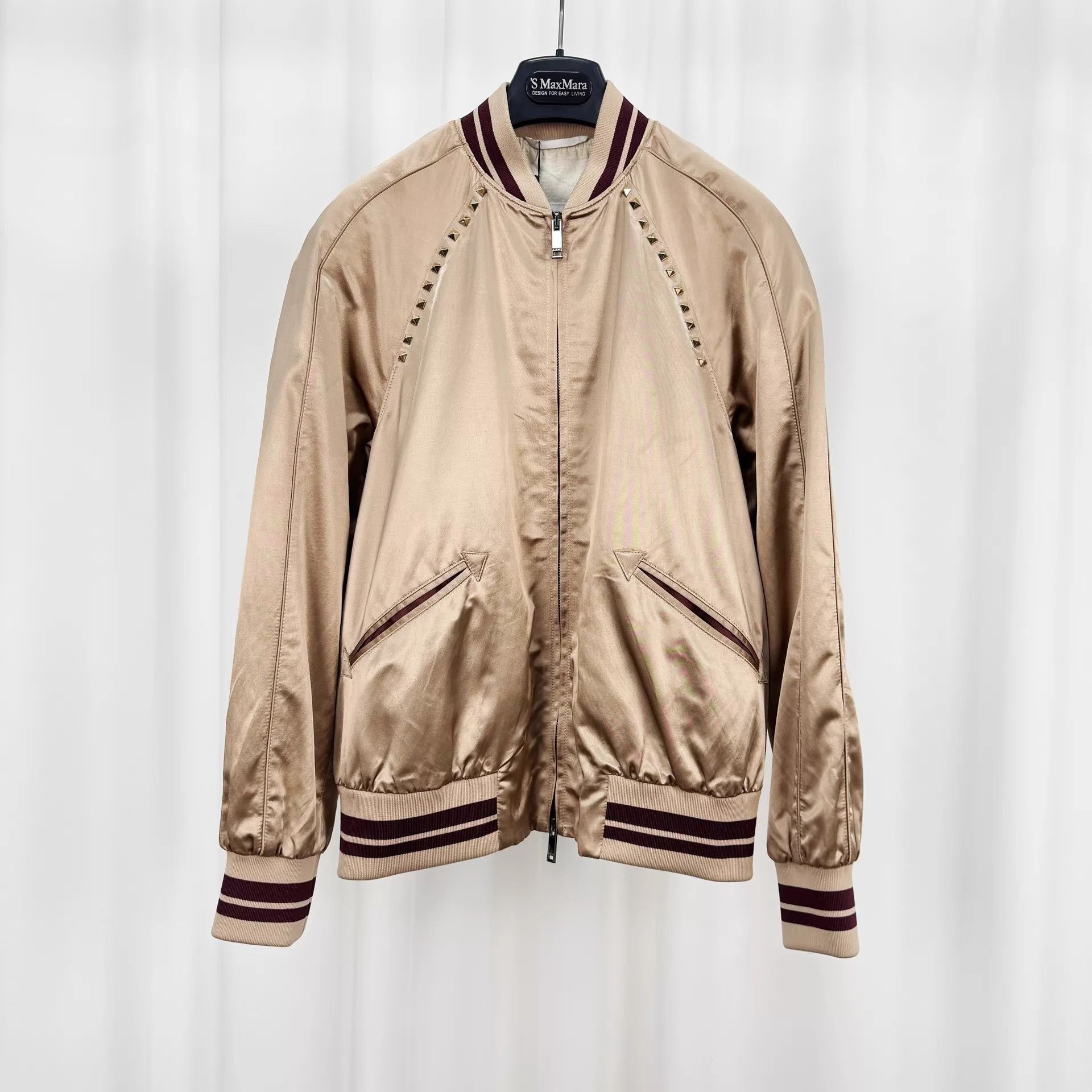 Valentino Beige Studded Bomber Jacket with Ribbed Trim Size US XS / EU 42 / 0 - 1 Thumbnail