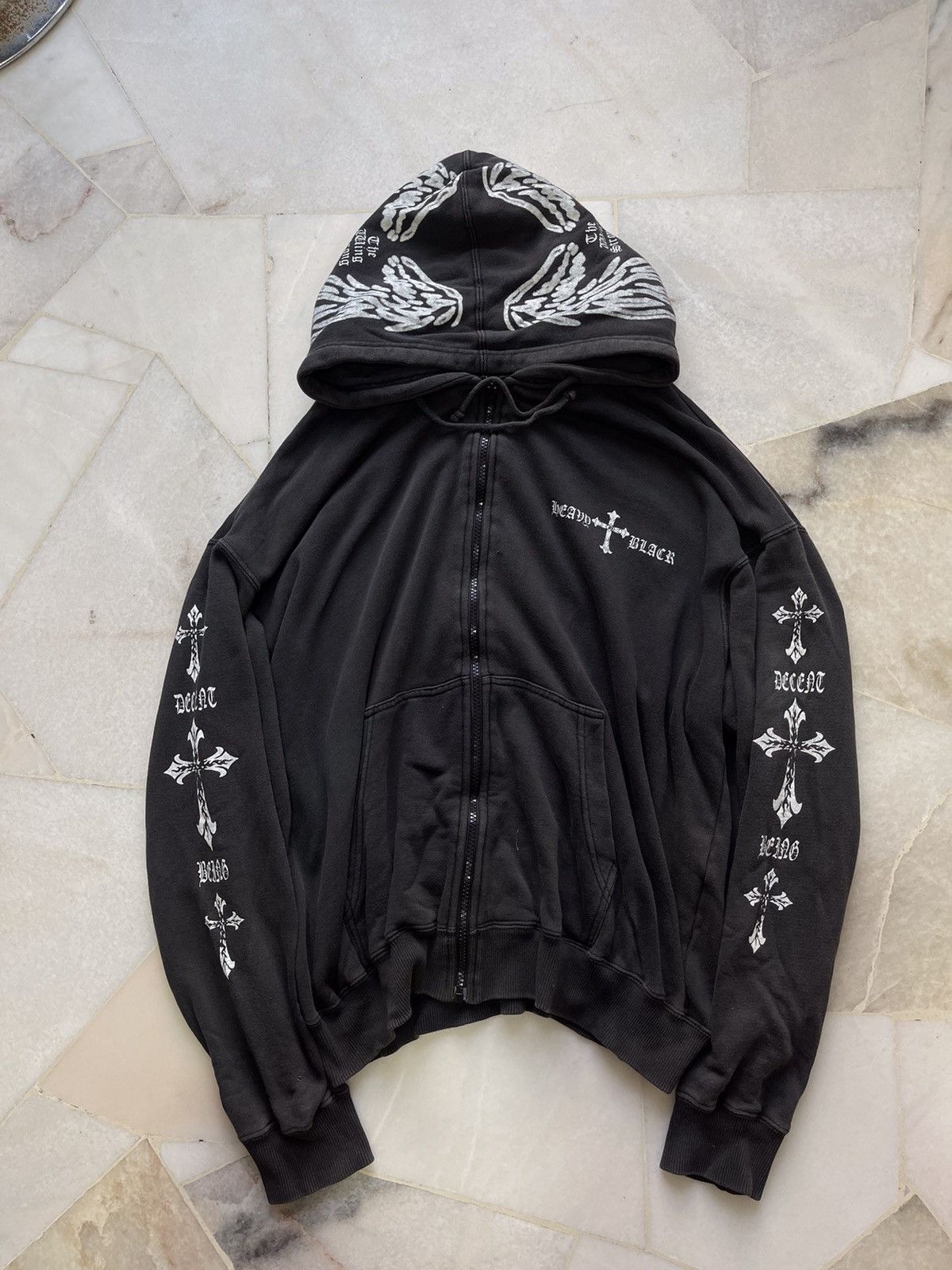 Beauty Beast 2000s Y2K Third Row Heavy Black Cross Faded Hoodie A4 Size US L / EU 52-54 / 3 - 3 Thumbnail