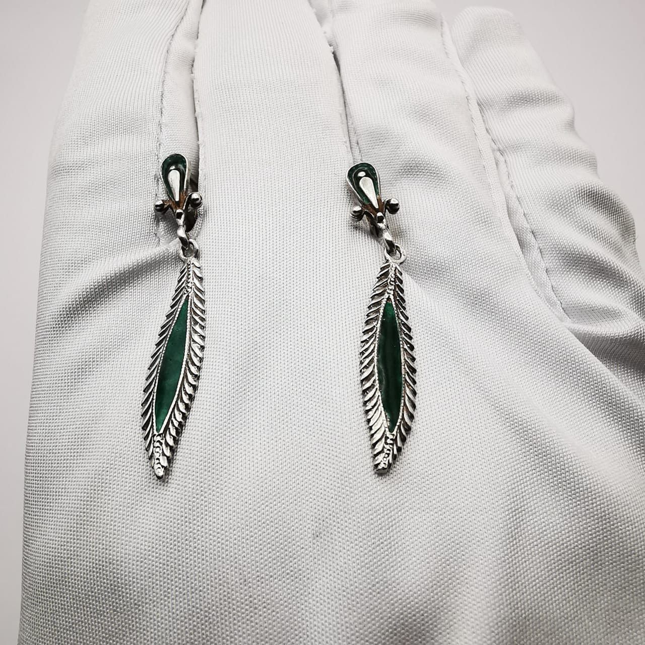 Vintage Vintage Earrings "Willow Leaves" 925 Sterling Silver, Enamel Size ONE SIZE - 6 Thumbnail