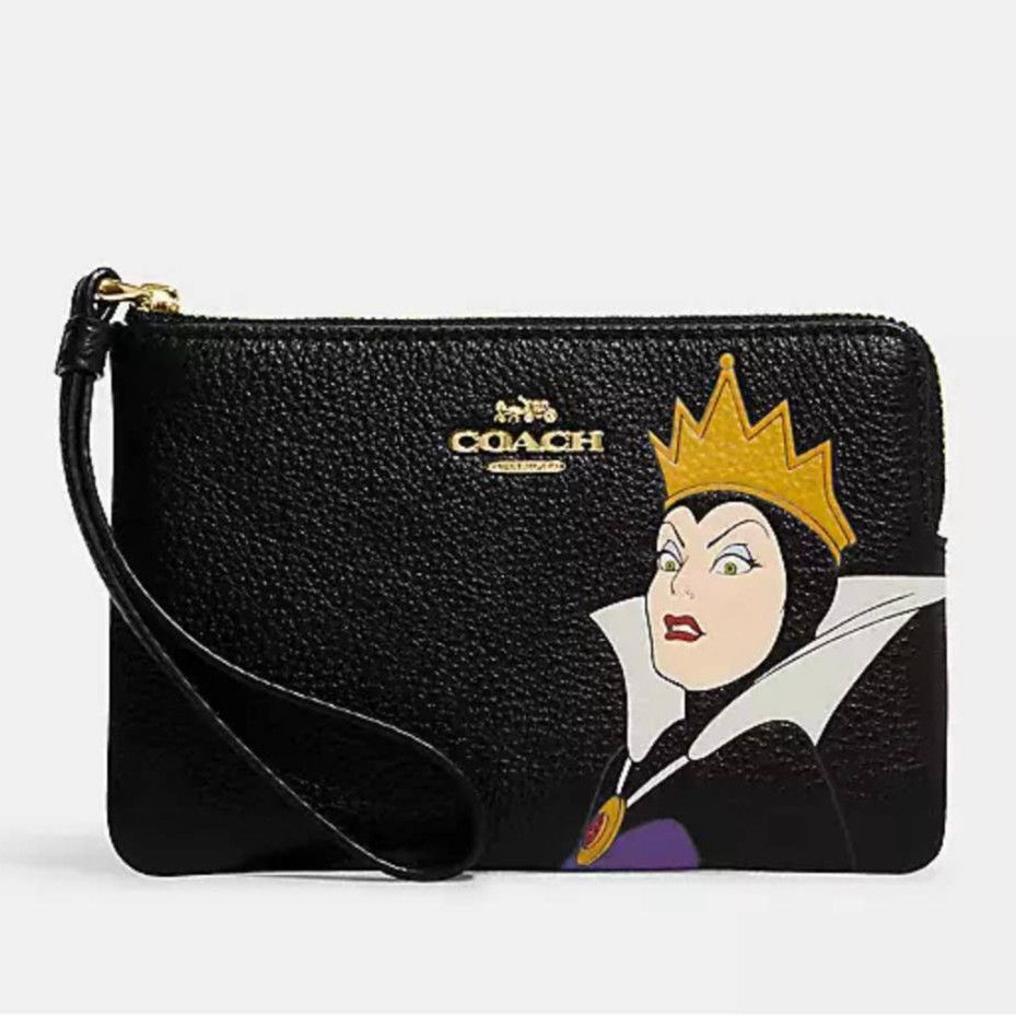 image of New Coach Disney Corner Zip Wristlet With Evil Queen Motif in Black, Women's