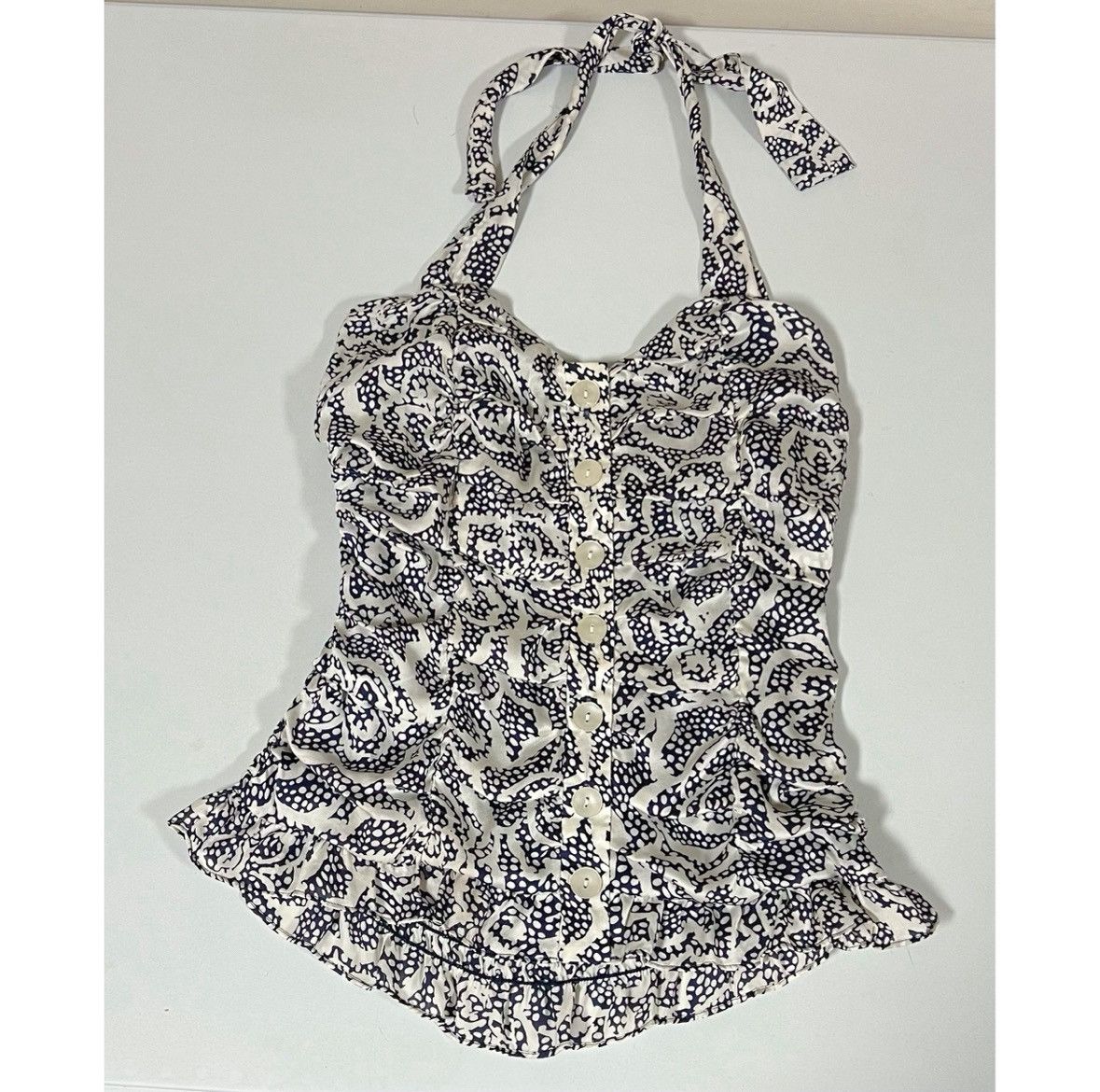 Vintage Navy Blue Polka Dot Ruffle Retro Halter Shirt Blouse Size S🤍 Size S / US 4 / IT 40 - 1 Thumbnail