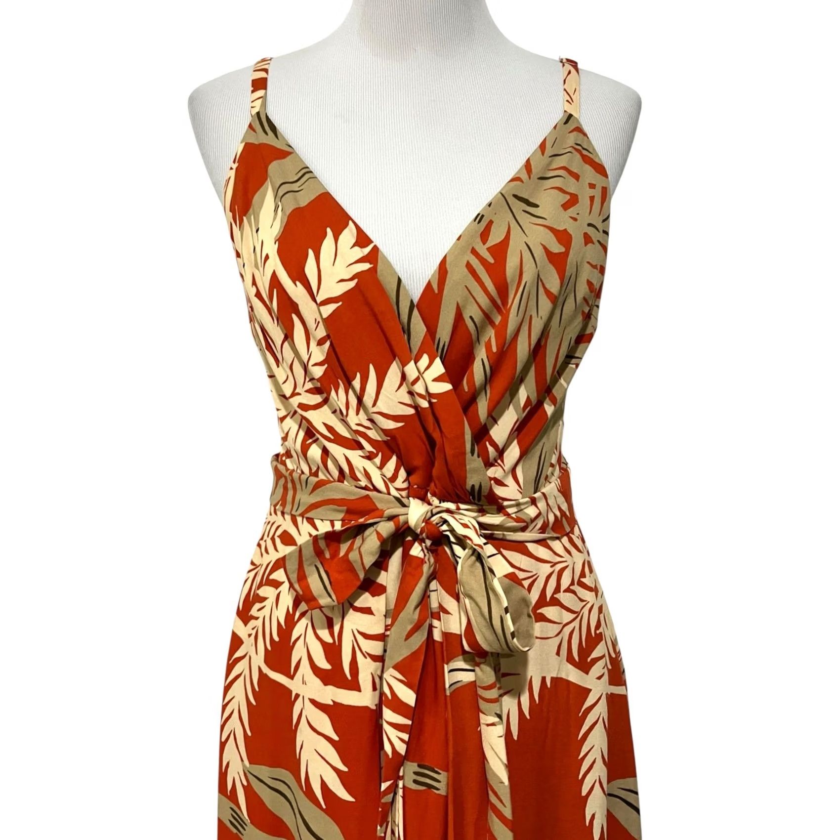 Vintage Halogen Palm Print Maxi Dress Belted Orange Tan V-Neck Adjustable Straps Size L Size L / US 10 / IT 46 - 4 Thumbnail