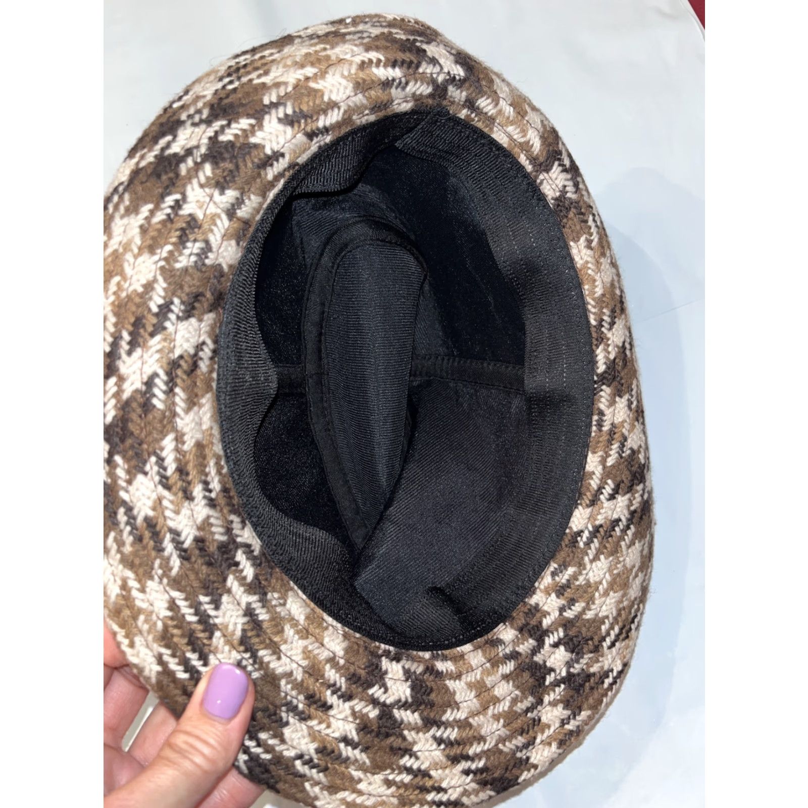 Vintage VINTAGE FEDORA Brown Plaid Houndstooth Detective HAT Checkered Woven Gangster Mobster OS Size ONE SIZE - 6 Thumbnail